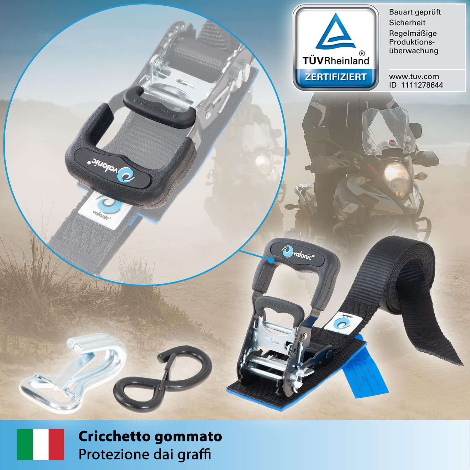 valonic PANTHER - 2x 2,25m cinghie di fissaggio con ganci per moto, 38mm, 650/1300 Kg, imbottitura, Certificato TÜV Rheinl. / GS, EN 12195-2 - distanza di fissaggio molto breve