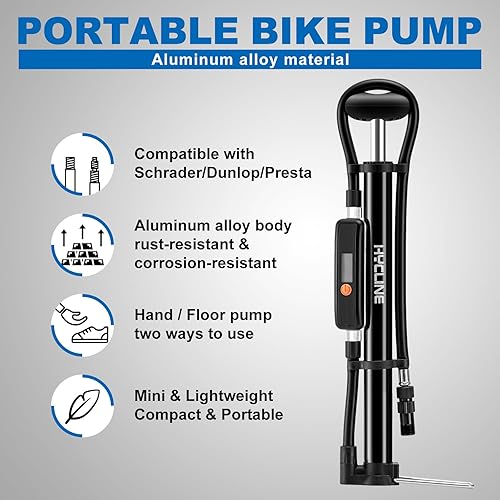 Miniatura 5 de Hycline Mini bomba de bicicleta con manómetro bomba de marco de bicicleta portátil de 140 PSI para neumáticos BMX MTB de carretera - Bomba de