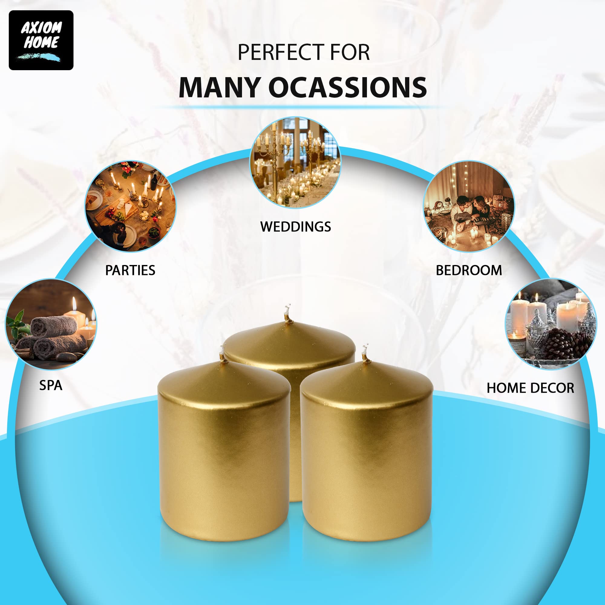 6 Candele Cilindriche Axiom, Oro, 8,9x14 Cm, Non Profumate, Senza Fumo, 89 Ore Di Combustione, Per Matrimoni E Decorazioni