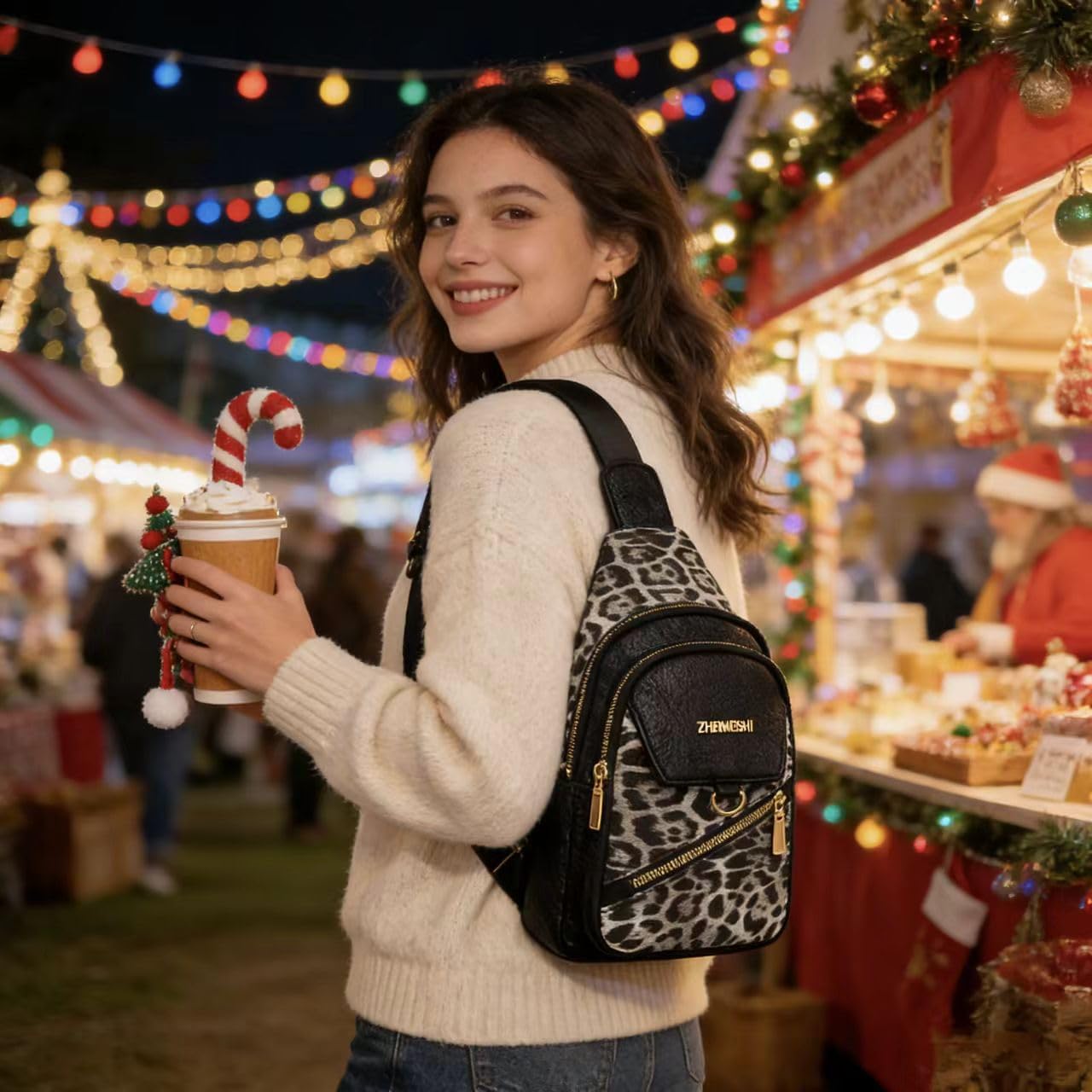 Leopard Print Sling Bag,Water Resistant PU Crossbody Chest Bag 6 Pockets Adjustable Strap Travel Fanny Pack | Retro Leopard Print, Stylish, Lightweight
