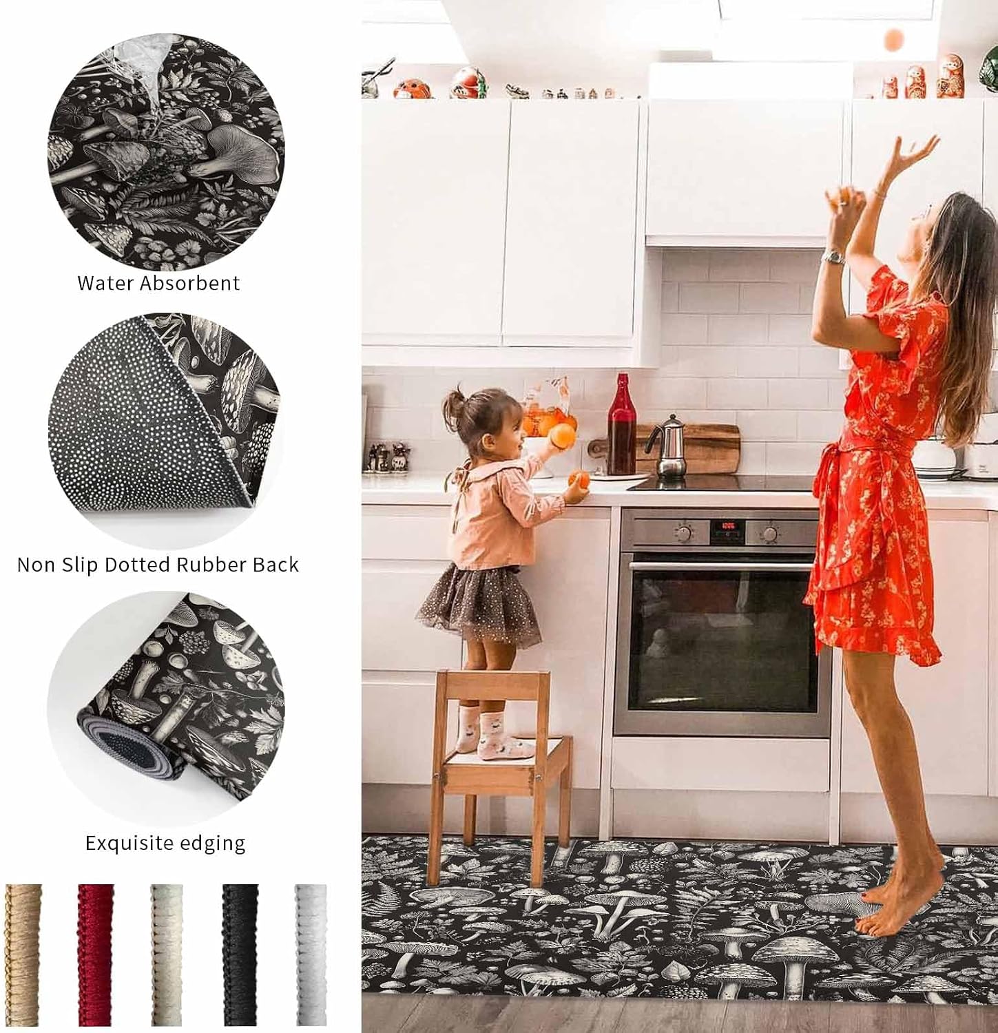 2 Pieces Kitchen Rugs and Mats,Watercolor Grey Mushroom on Black Area Runner Rug Set Non Slip Floor Doormat Washable Carpet Standing Mat for Kitchen Sink Indoor Corridor,Vintage Forest Plant Leaf