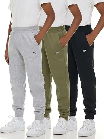 New Balance Boys Fleece Jogger 3 Pack – Kids Soft Cotton Blend Fleece Sweatpants with Pockets, Athletic Fit, Sizes 4-20