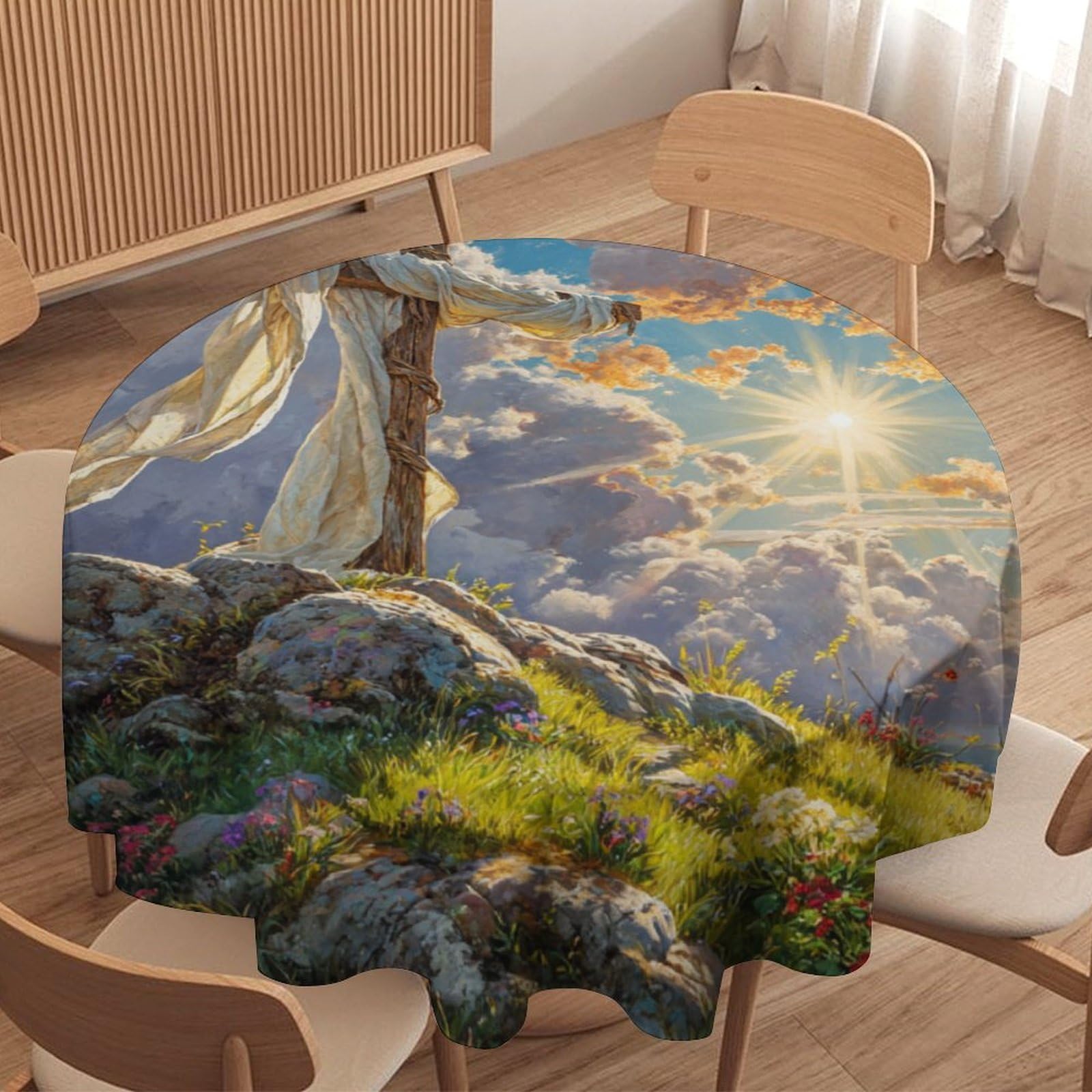 LUYYSKY Fantasy Rustic Crosses Round Tablecloth Classic Oil Painting Sunrise Landscape Easter Cross Floral Pattern Washable Decor for Table Cover for Kitchen-177.8" Wx177.8 L cm