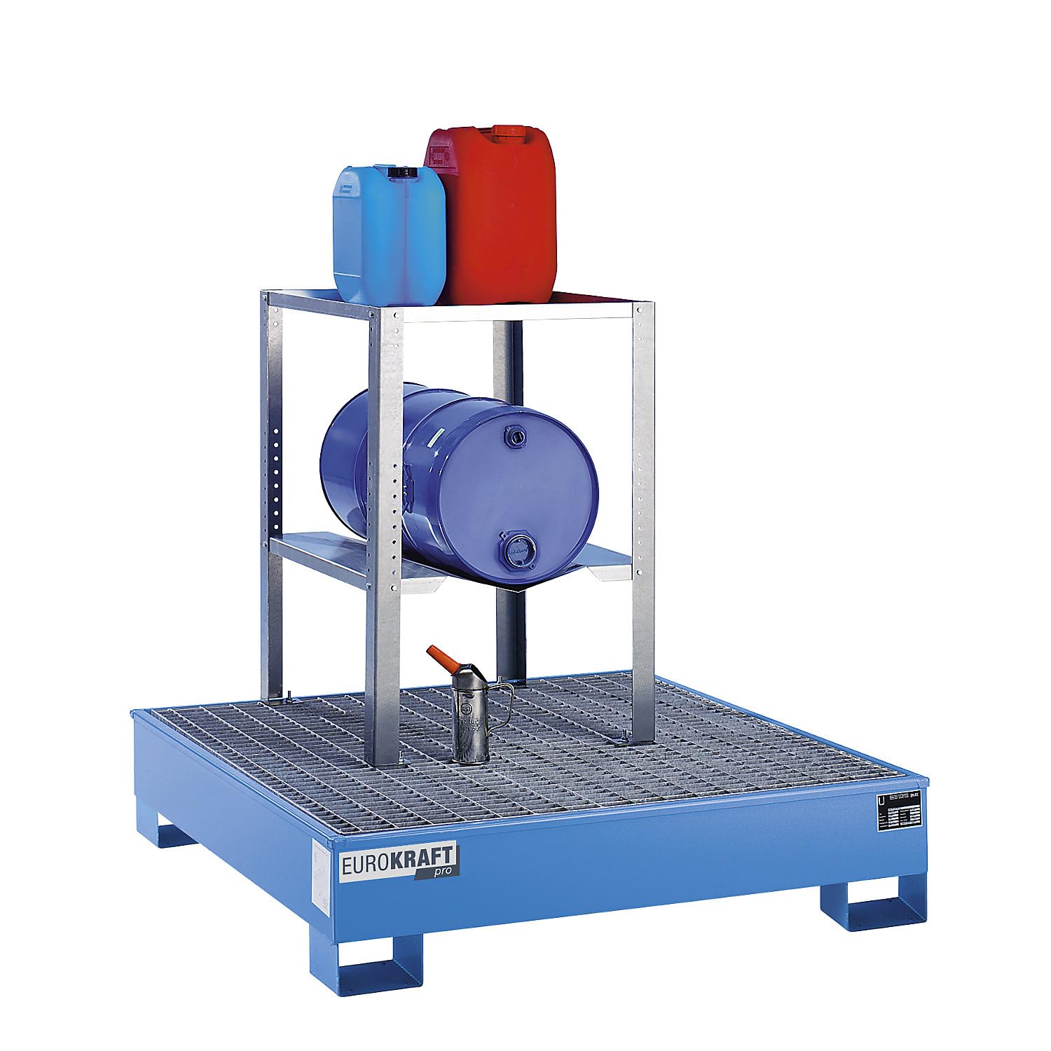Fassregal Typ 120 mit GFK-Auffangwanne und Fass- und Gitterrostauflage für 1 x 60 l Fass und Kleingebinde | CEMO Fassregal Typ 120 mit GFK-Auffangwanne und Fass- und Gitterrostauflage für 1 x 60 l Fass und Kleingebinde | CEMO