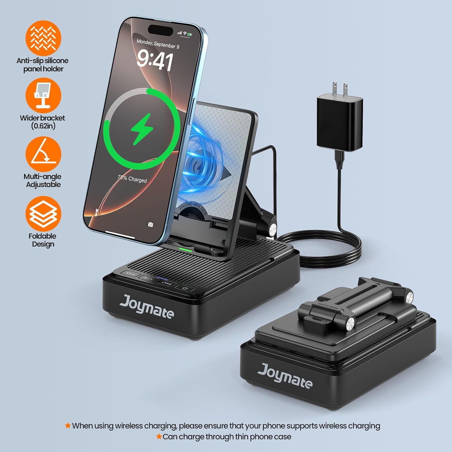 A smartphone wirelessly charging on the Joymate L41 stand, highlighting anti-slip, wide bracket, multi-angle, and foldable features.