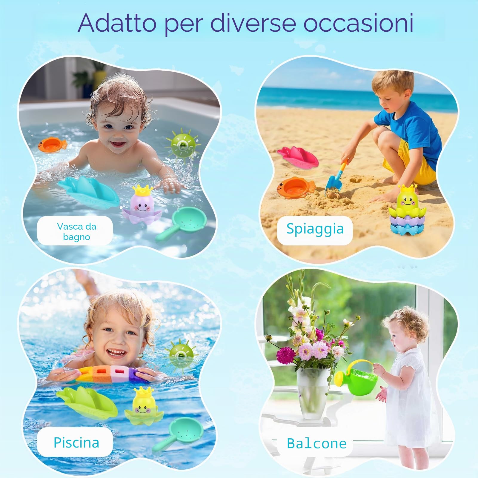Giochi Bagnetto Neonato 14 Pezzi, Set Giochi Vasca da Bagno Bambini con Annaffiatoio, Ruota d’Acqua, Bicchieri Impilabili e Barchette, Giochi Bagnetto Neonato Atimuffa per Bagno e Piscina