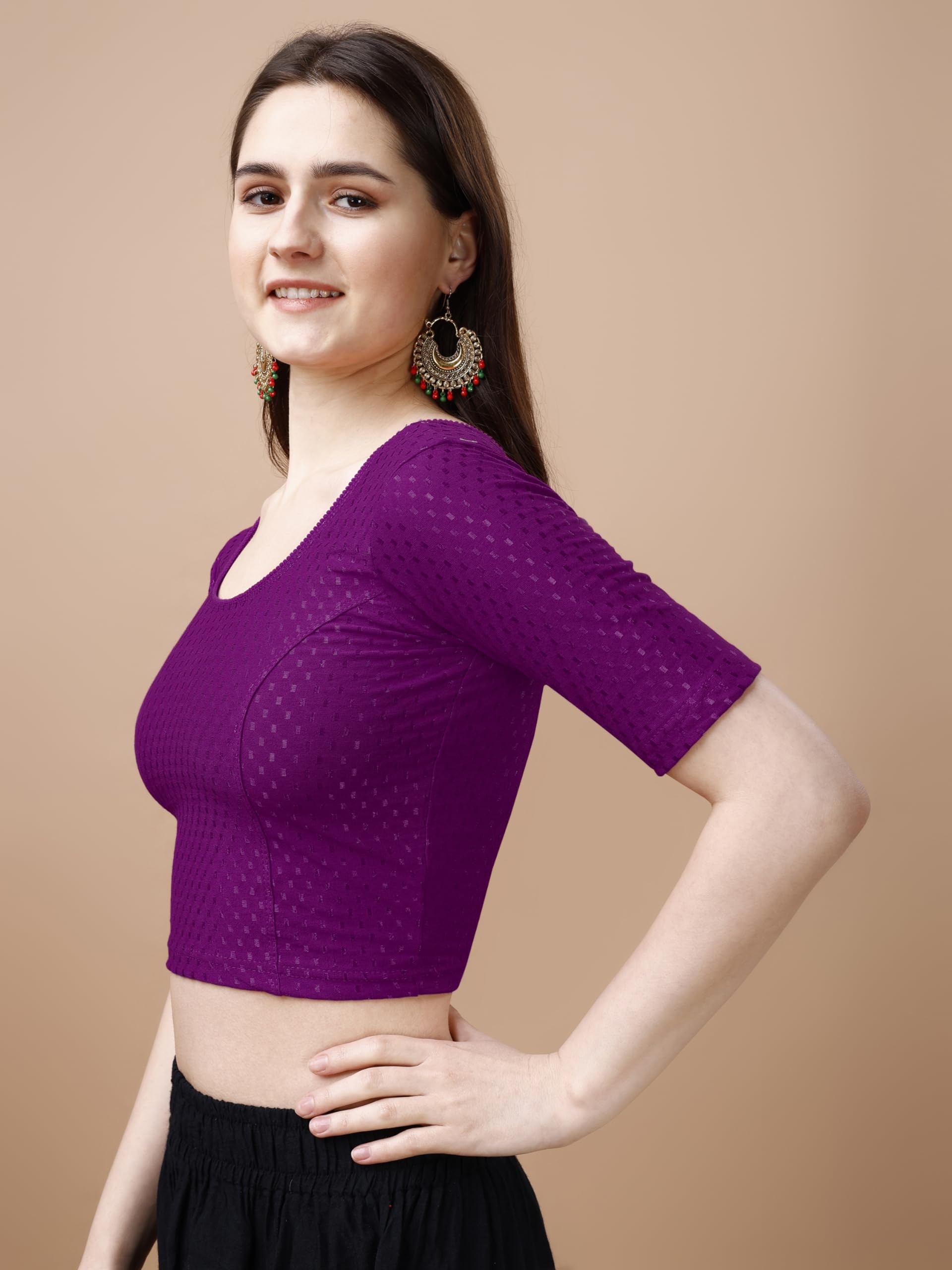 Pujia Mills Women's Readymade Dobby Cotton Lycra Stretchable Round Neck Half Sleeve Blouse Fancy Wine Color Lycra Stretchable Blouse For Women Stylish Readymade Saree Blouse