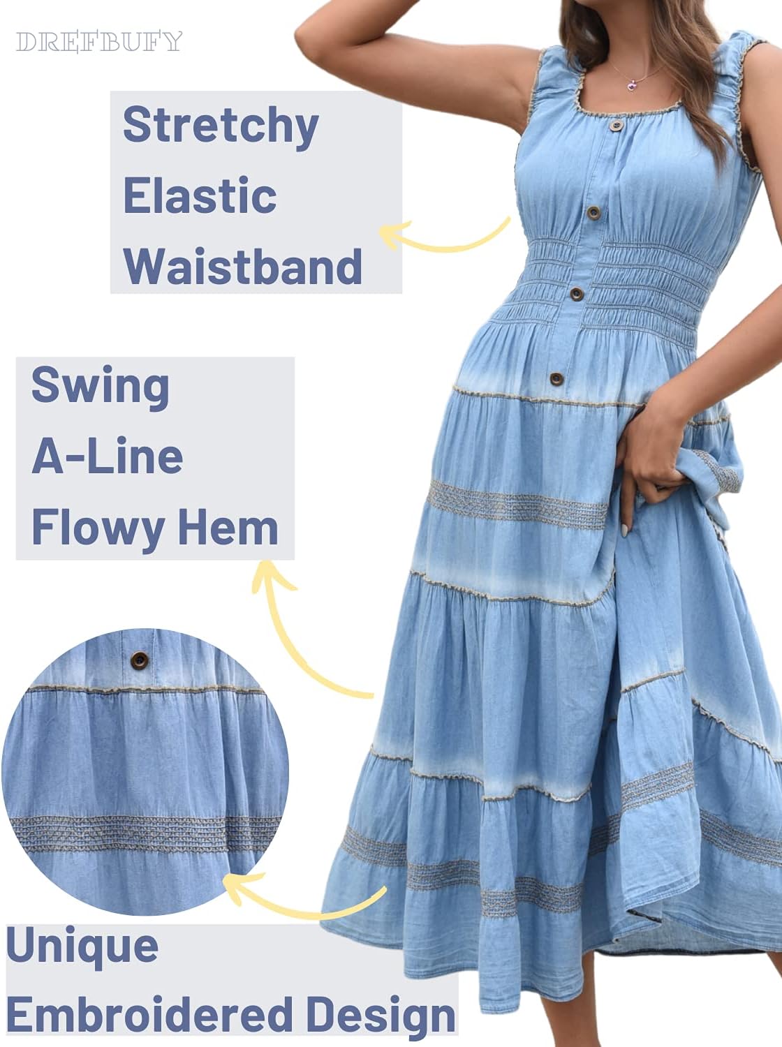 DREFBUFY Women's Maxi Dress Sleeveless Denim Long Summer A-line Casual Blue Cotton Boho Flowy Sundresses for Women - Image 4