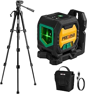 PREXISO Rechargeable Green Cross Line Laser Level, Self-Leveling 360° Laser Leveler with Tripod &amp; Carry Case, Light Indicator, 3 Brightness Modes, Lazer Leveler Tool for Tile, Home Renovation