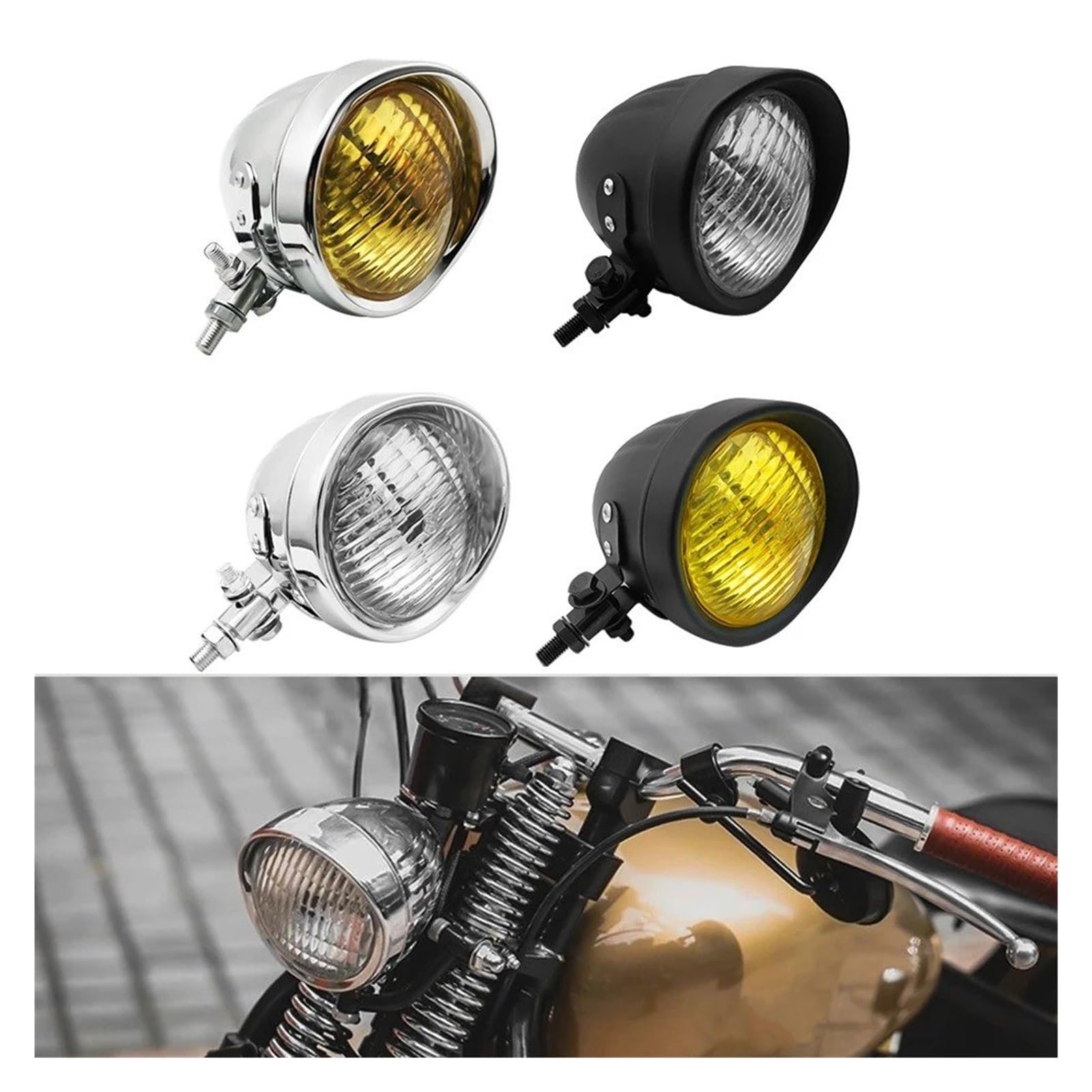 Faretti Moto Lampada Per Fari A Proiettile Da 45 Pollici Per Moto Classica Nera Cromata Per Bobber Chopper Dirt(Black Clear)