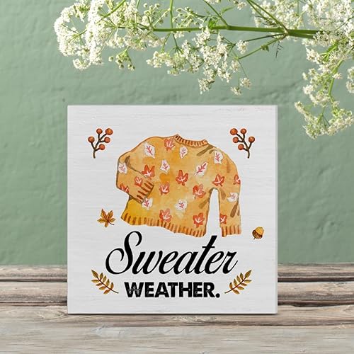 Miniatura 5 de Letrero de madera de otoño, decoración de escritorio, letrero de bloque de madera de otoño, suéter rústico, decoración de 5 x 5 pulgadas para el