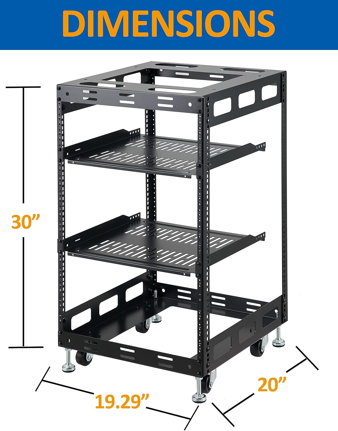 15U Open Frame Rack for Servers & AV Gear - Wall Mountable Design Includes 2X Vented Shelves, 4X Leveling Feet, 4X Casters