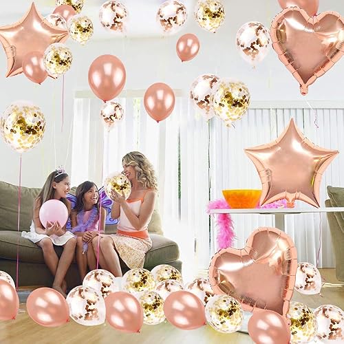 Miniatura 7 de Decoraciones de fiesta de cumpleaños de oro rosa para mujeres y niñas, pancarta de feliz cumpleaños, cortina de flecos de oro rosa, globos de