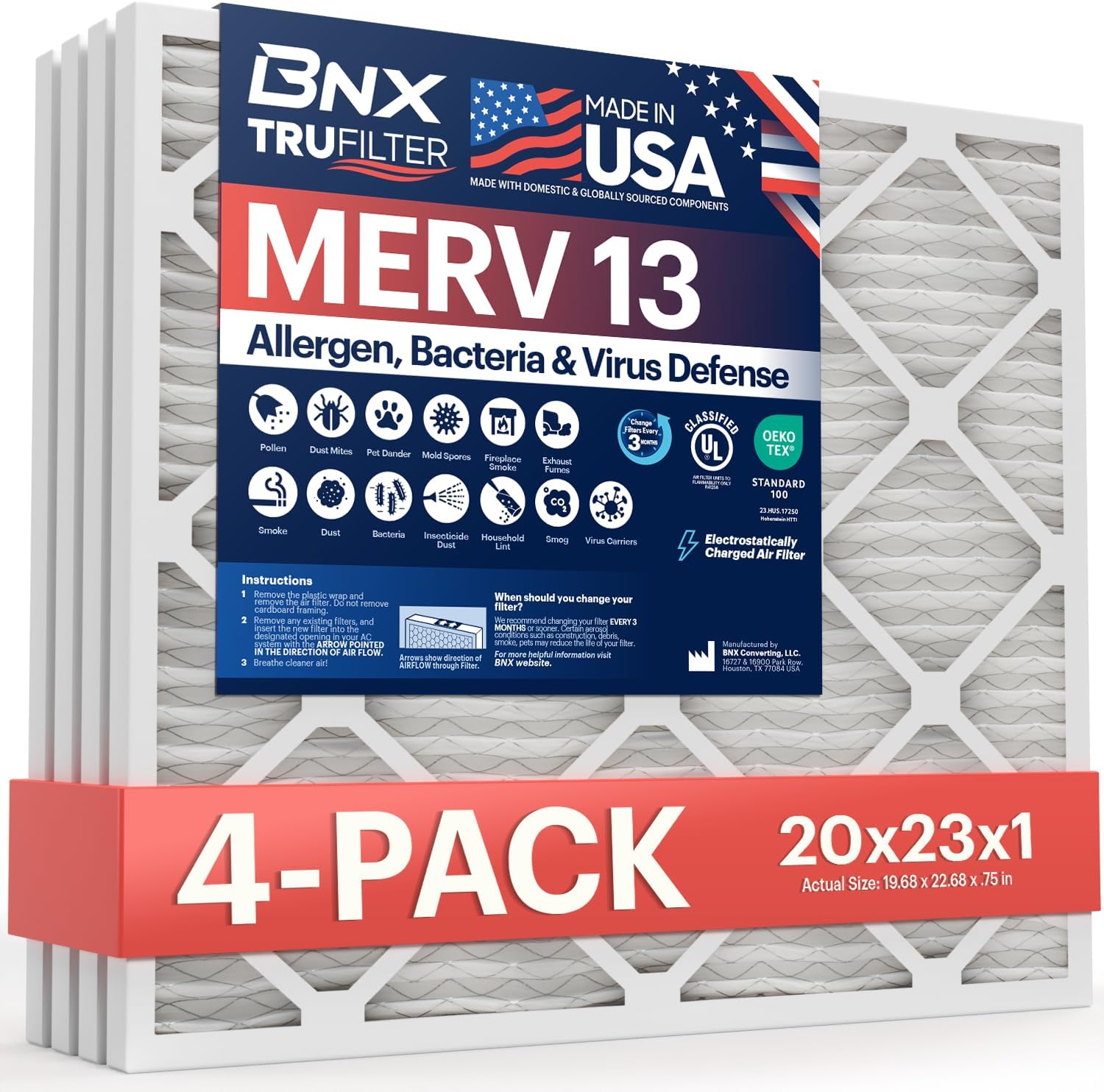 TruFilter 20x23x1 Air Filter MERV 13 (4-Pack) - MADE IN USA - Electrostatic Pleated Air Conditioner HVAC AC Furnace Filters for Allergies, Pollen, Mold, Bacteria, Smoke, Allergen, MPR 1900 FPR 10