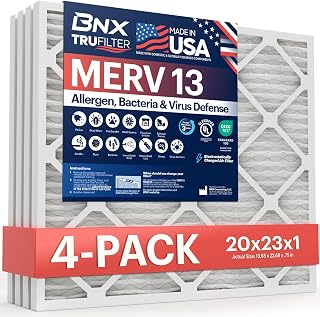BNX TruFilter 20x23x1 Air Filter MERV 13 (4-Pack) - MADE IN USA - Electrostatic Pleated Air Conditioner HVAC AC Furnace Filters for Allergies, Pollen, Mold, Bacteria, Smoke, Allergen, MPR 1900 FPR 10