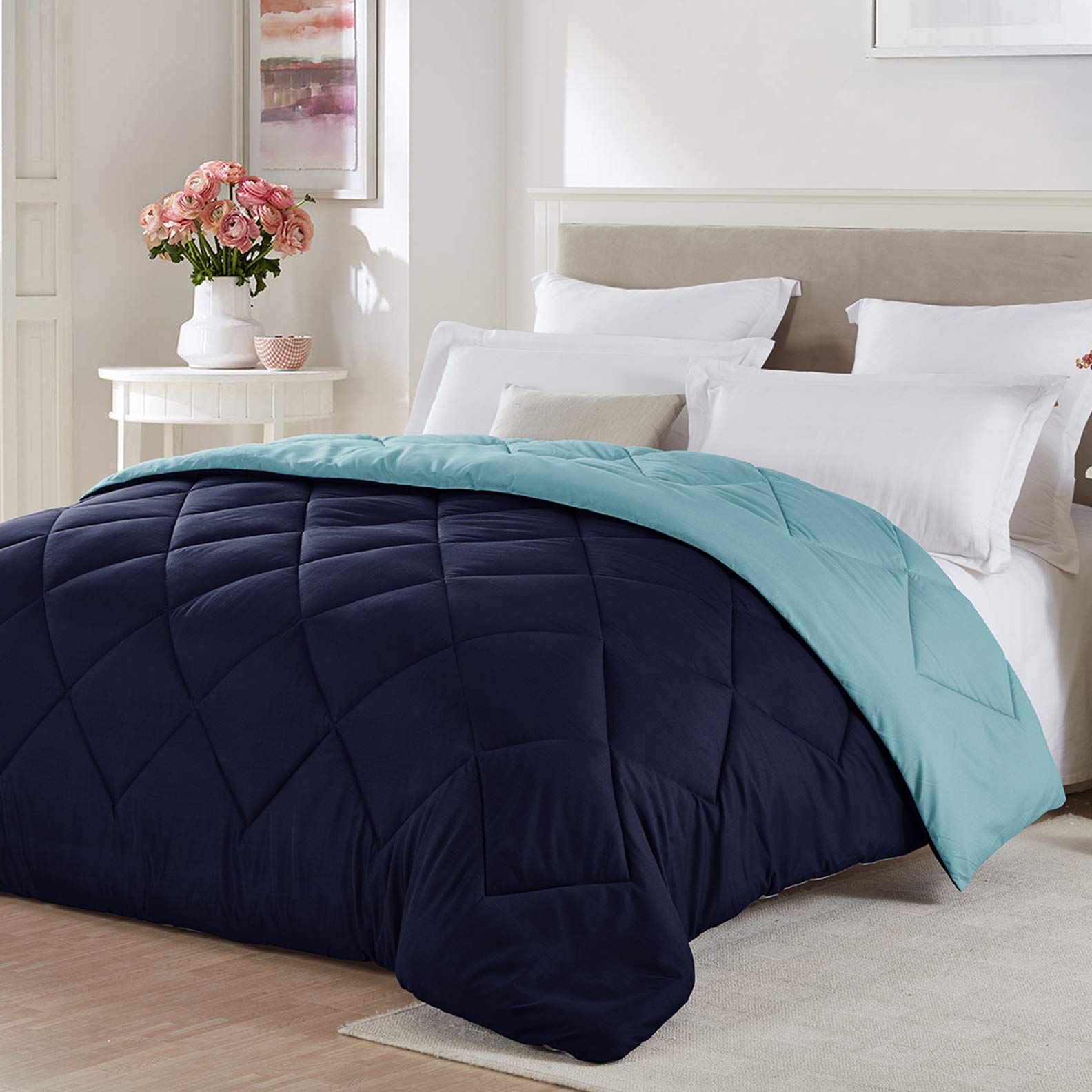 Seward Park King Size Reversible Comforter Lightweight Microfiber Fill Warm All Season Cooling Summer Blanket Navy/Blue