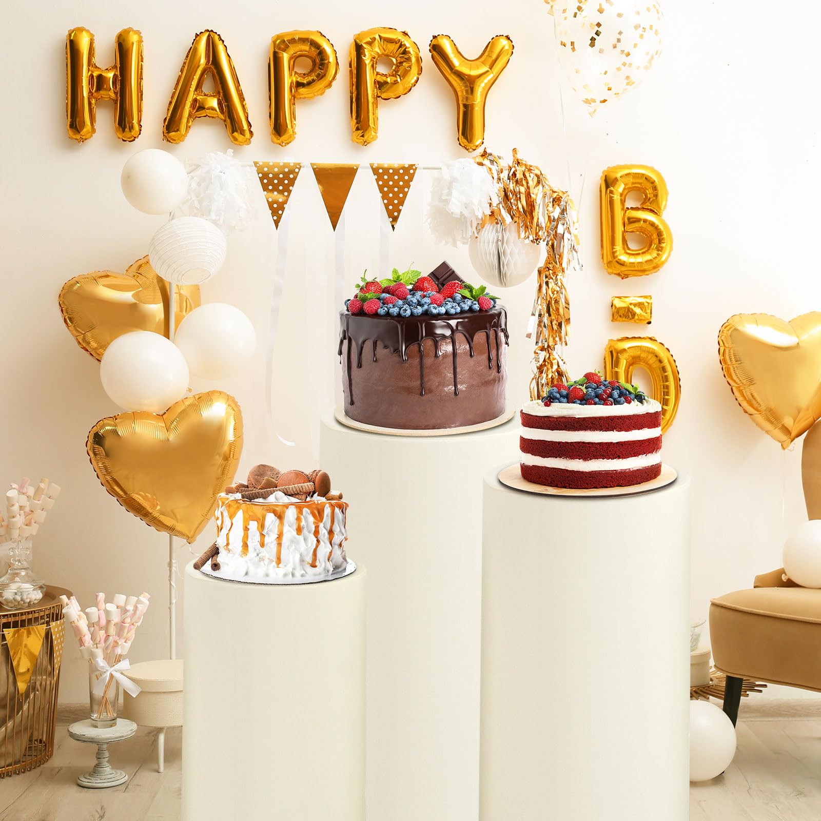 QUARKZMAN Set de 3 Housses de Socle Cylindrique en Spandex Beige, Housse de Socle pour Décoration de Mariage Anniversaire Fête, Contient uniquement (Tissu Élastique - Grand)