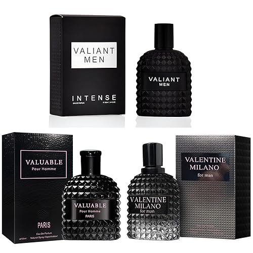 Paquete de 3 perfumes de colonia para hombre, valiente, valioso Eau de Parfume en espray con aroma floral amaderado y afrutado, set de regalo de