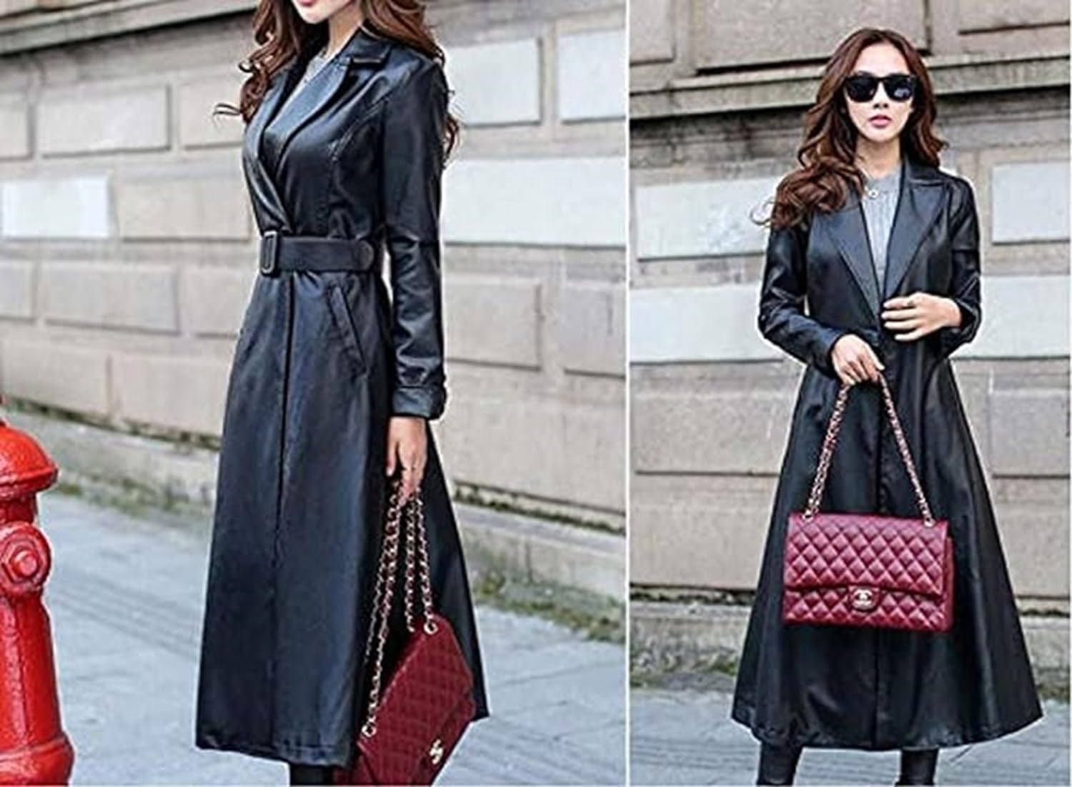 Women's Trench Coat Leather Lambskin Long Overcoat Jacket Real Genuine Black-Red For Women - Image 2