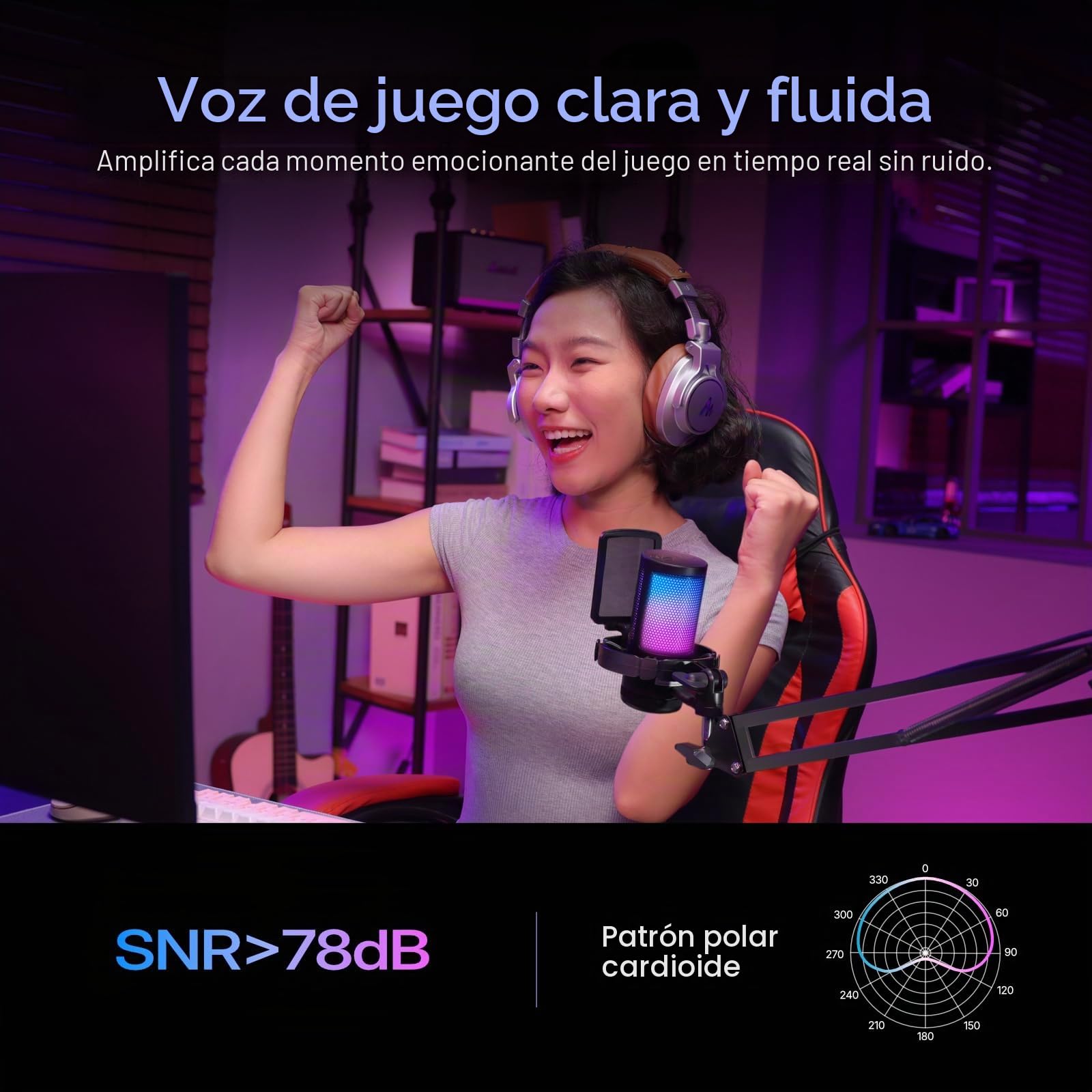 MAONO Microfono Gaming, USB Micrófono Condensador con Cancelación de Ruido para Streaming Podcast Studio, Compatible con PS5/PS4/Mac con Luces RGB Controlables, Botón de Silencio, Control de Ganancia