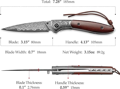 Miniatura 3 de Cuchillo de bolsillo plegable de Damasco hecho a mano de 3.15 pulgadas, cuchillos EDC regalo para hombres, mango de hueso marrón, rodamientos de