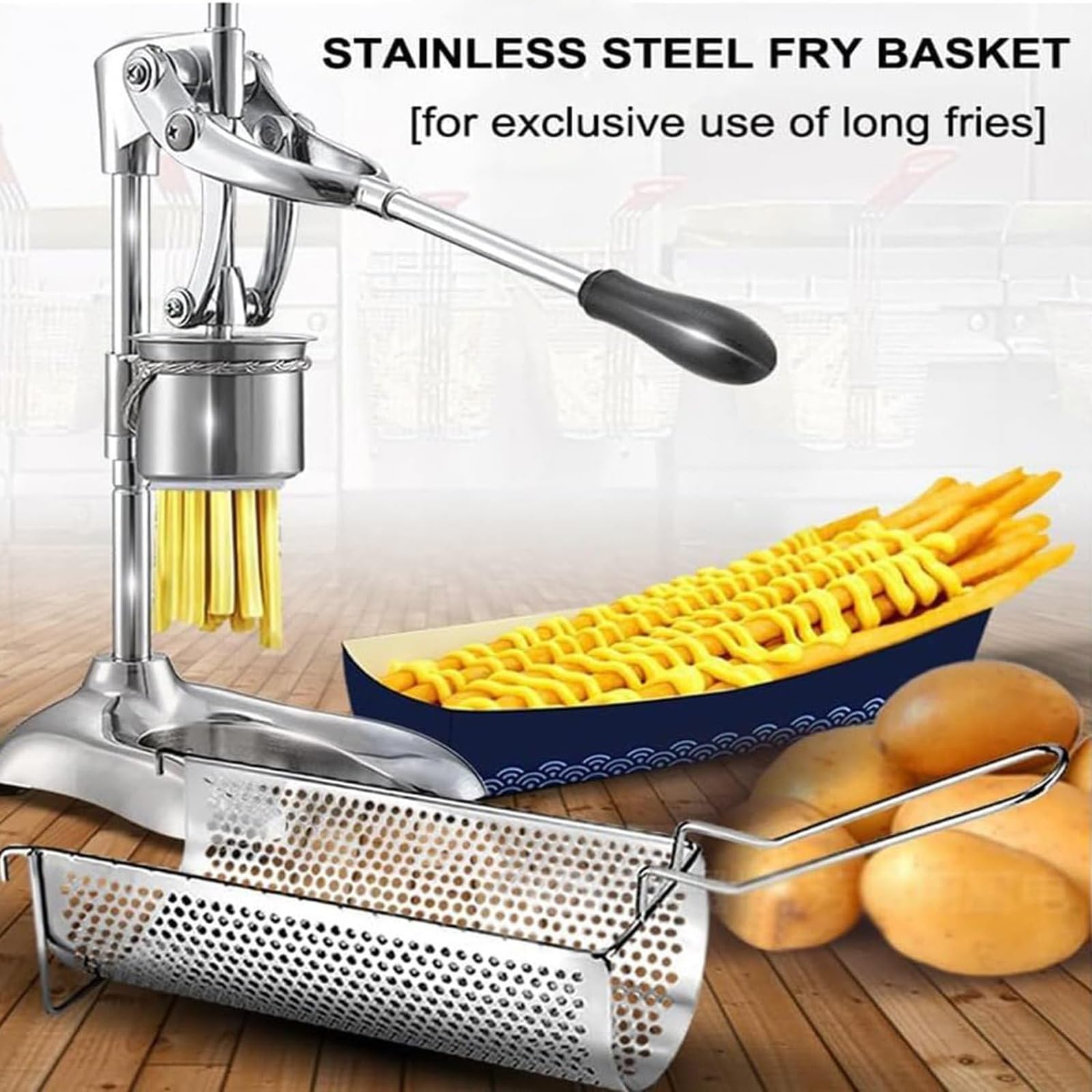 Prensa de patatas manual de acero inoxidable extrusora con cesta para freír para uso doméstico y comercial