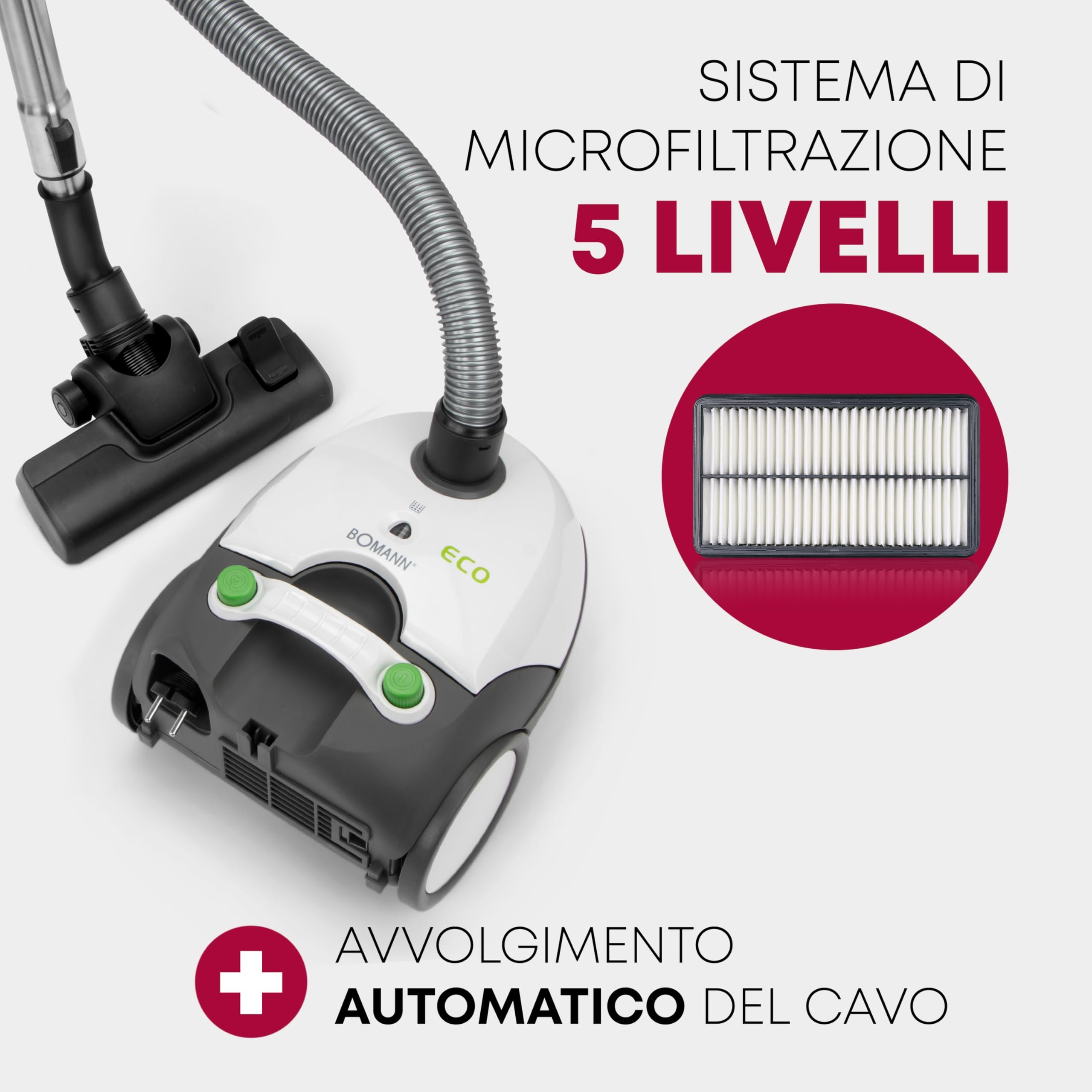 Bomann® aspirapolvere con filo, aspirapolvere, con sacco e sistema filtro 5 livelli - tubo telescopico in acciaio, spazzola pavimenti e bocchetta, 700 W, BS 9019 CB N bianco