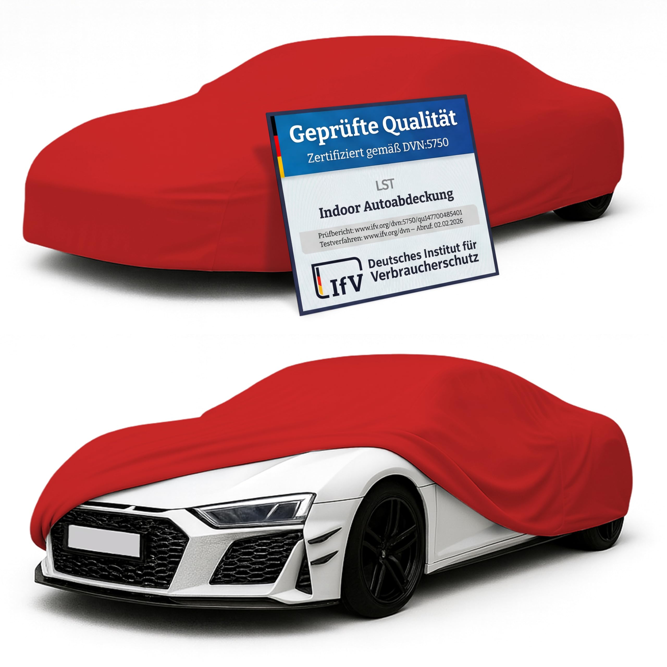 LST Autoabdeckung Indoor – lackschonende und Dehnbare Autogarage. Car Cover Innenbereich für Autohäuser und Endverbraucher. Auto Abdeckplane schützt vor Sonne, Staub. (Rot, M (410x130x120cm))