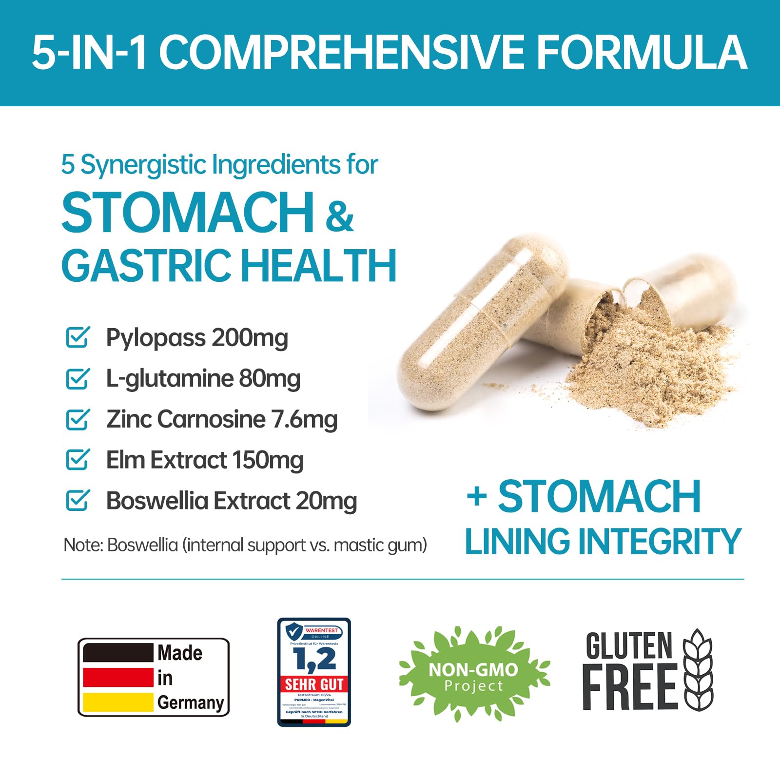 5-in-1 High Potency H. Pylori Probiotic, 1 Per Day - Supports Gastric Lining Integrity, Occasional Indigestion, Acid Comfort - Pylopass Lactobacillus Reuteri, Gluten Free, Vegan, 30ct, Made in Germany — Amazon image 4
