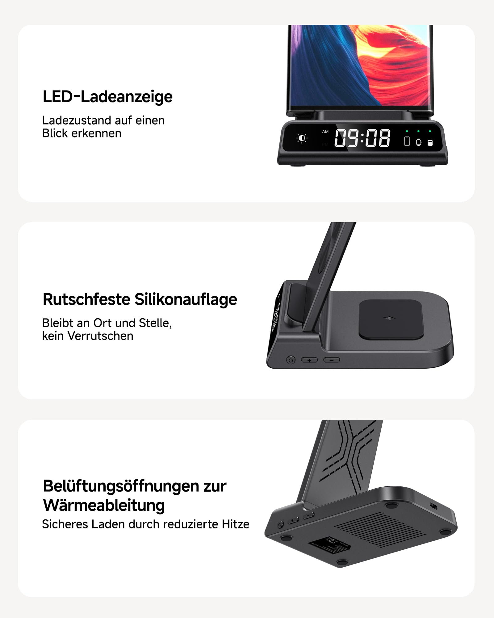 Induktive Ladestation für Samsung S26 Ultra, 3 in 1 Wireless Charger für Galaxy S26+/S25/S24/S23/Z Fold 6/Z Flip 7, Kabelloses Ladegerät für Galaxy Watch 8/Ultra/7/6, Galaxy Buds 3/Pro, Ohne Adapter