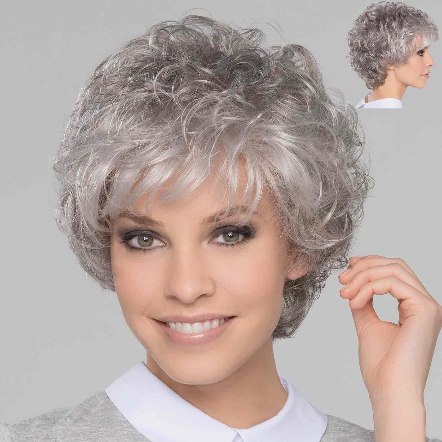 GNIMEGIL Short Grey Elderly Wigs Curly Wigs for White Women Gray Pixie Cut Wig with Bangs Layered Synthetic Natural Hairstyles Old Lady Costume Senior Ladies Wig