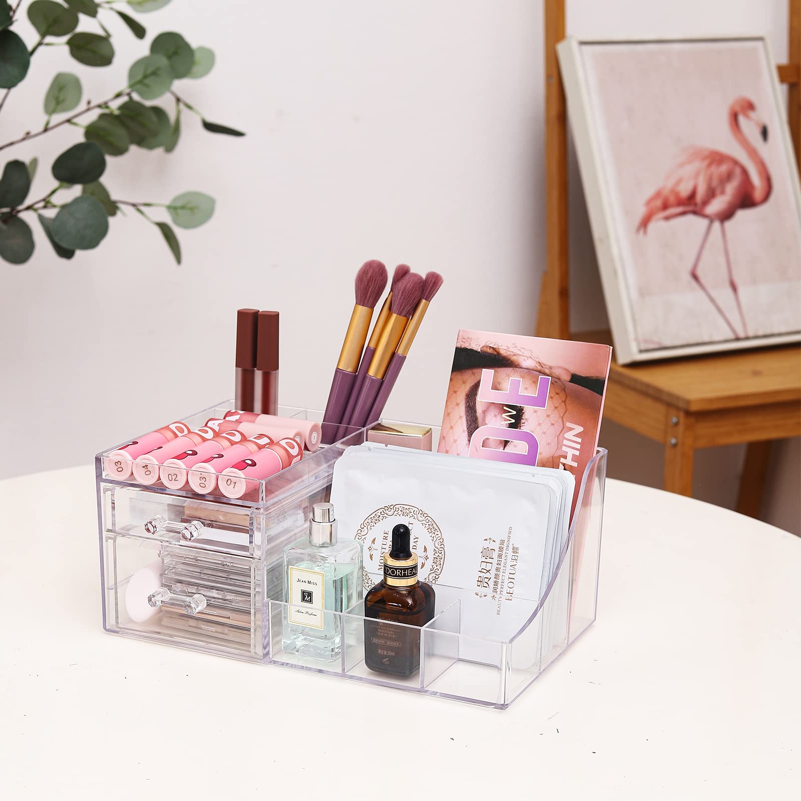Cq acrylic Organizer trasparente per trucchi con 2 cassetti, espositore per cosmetici, per bagno, bancone o cassettiera, supporto per rossetti, pennelli, ombretti, smalti e gioielli