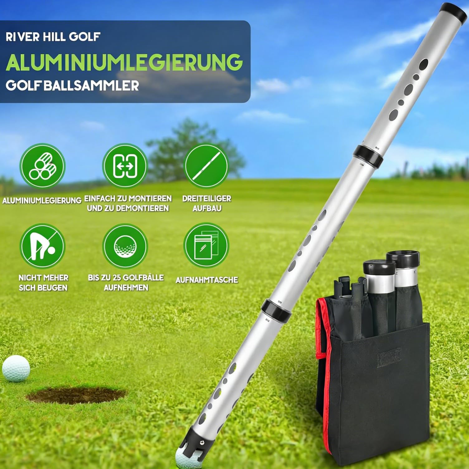 Golfball Sammler Teleskop Aluminium, 3-teiliger Golfball Retriever mit Aufbewahrungstasche, zerlegbar bis 26,36 Zoll, Kapazität bis 25 Bälle, leichter & stabiler Ballpicker für Golfplatz Training