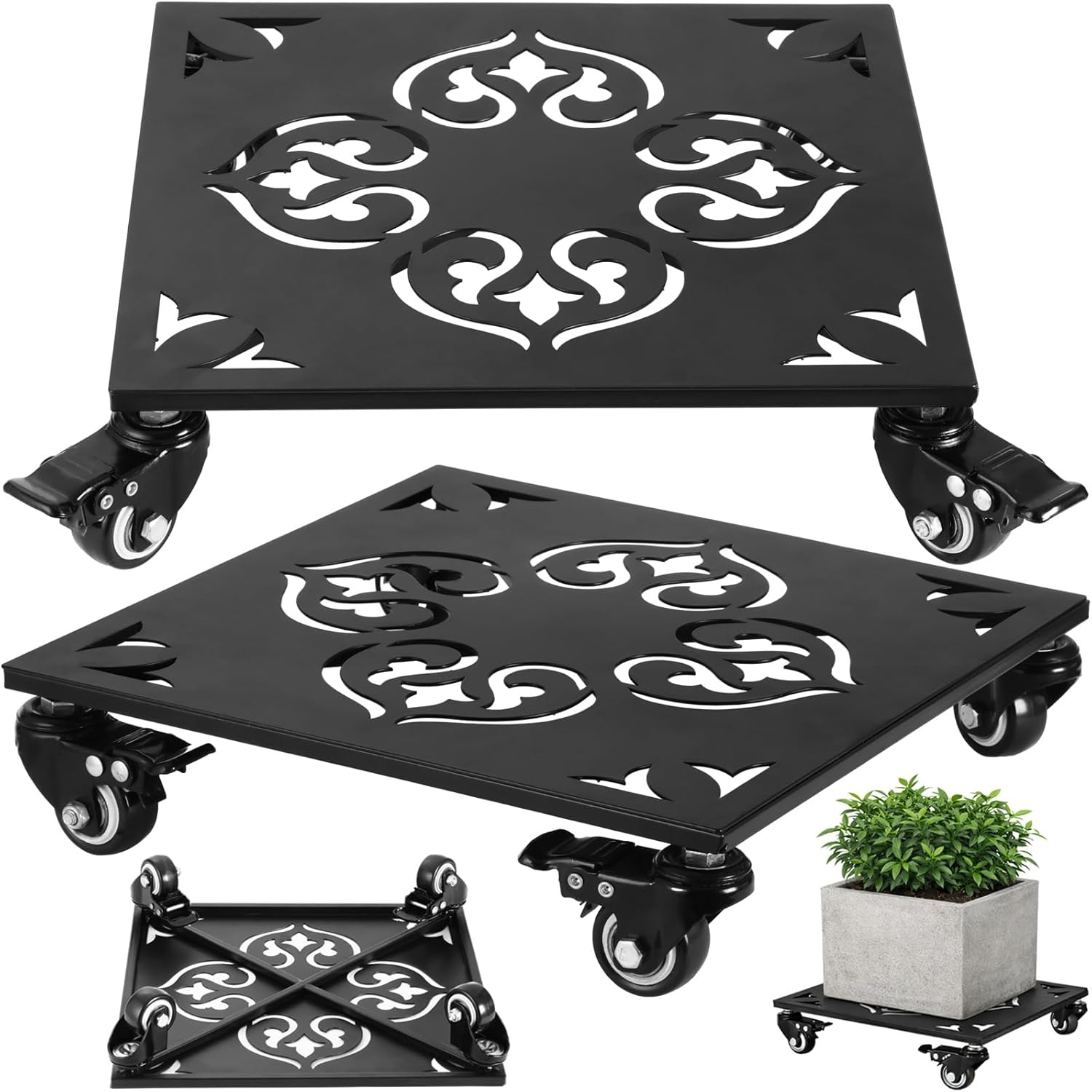 2-Pack 15 Inch Extra-large Square Metal Plant Caddy with Wheels Heavy-duty Rolling Plant Stands with Casters Wheeled Flower Pot Mover Rollers Rust-proof Iron Planter Dolly Coasters Indoor Outdoor Use