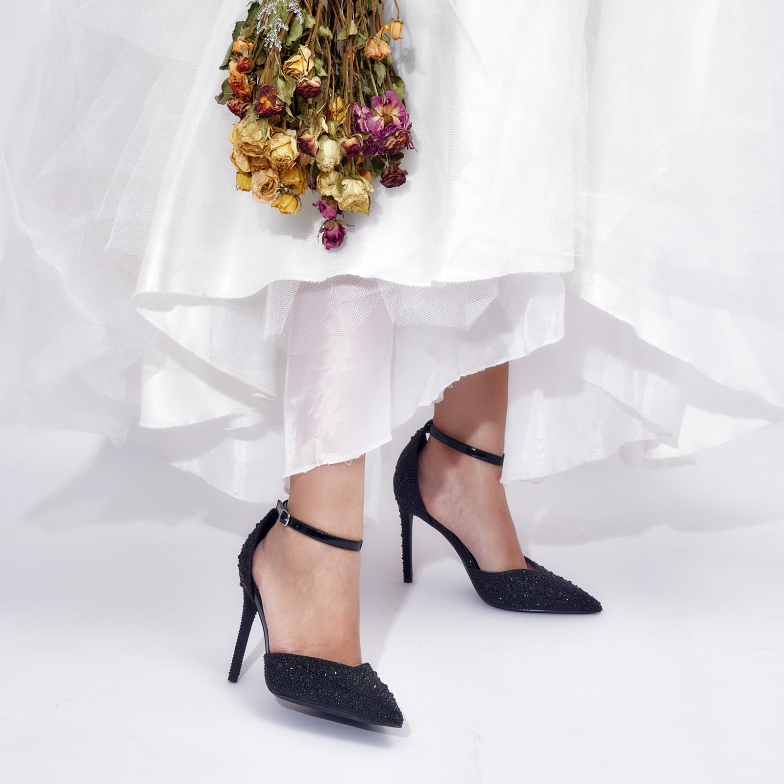 Zhabtuc Scarpe con Tacco Alto 10 cm da Donna, Eleganti Décolleté con Strass Scintillanti, Cinturino alla Caviglia