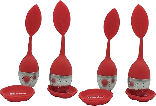 Miniatura 10 de Cherion Juego de 2 bolas infusoras de té  Infusor de té suelto con bandeja de goteo  Lindo mango de hoja de silicona como tapa con bola de acero