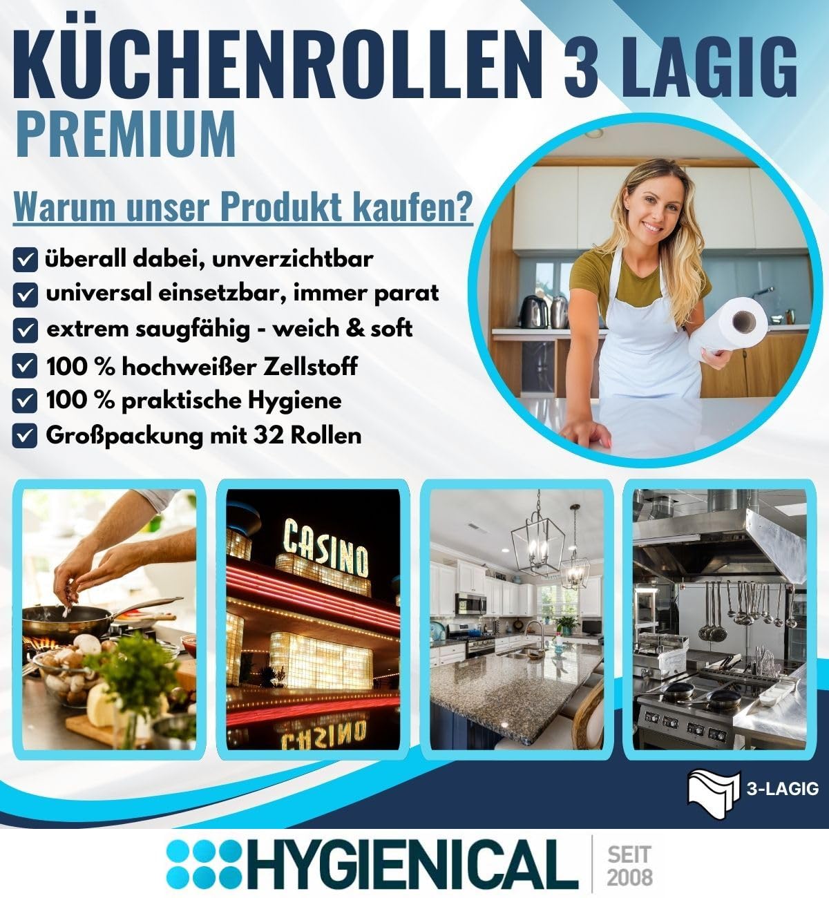 Küchenrollen 3-lagig, Küchenpapier hochweiß, Handtuchrolle aus 100% Zellstoff, Haushaltspapier, Küchenkrepp, 3-lagig, Menge:32 Rollen