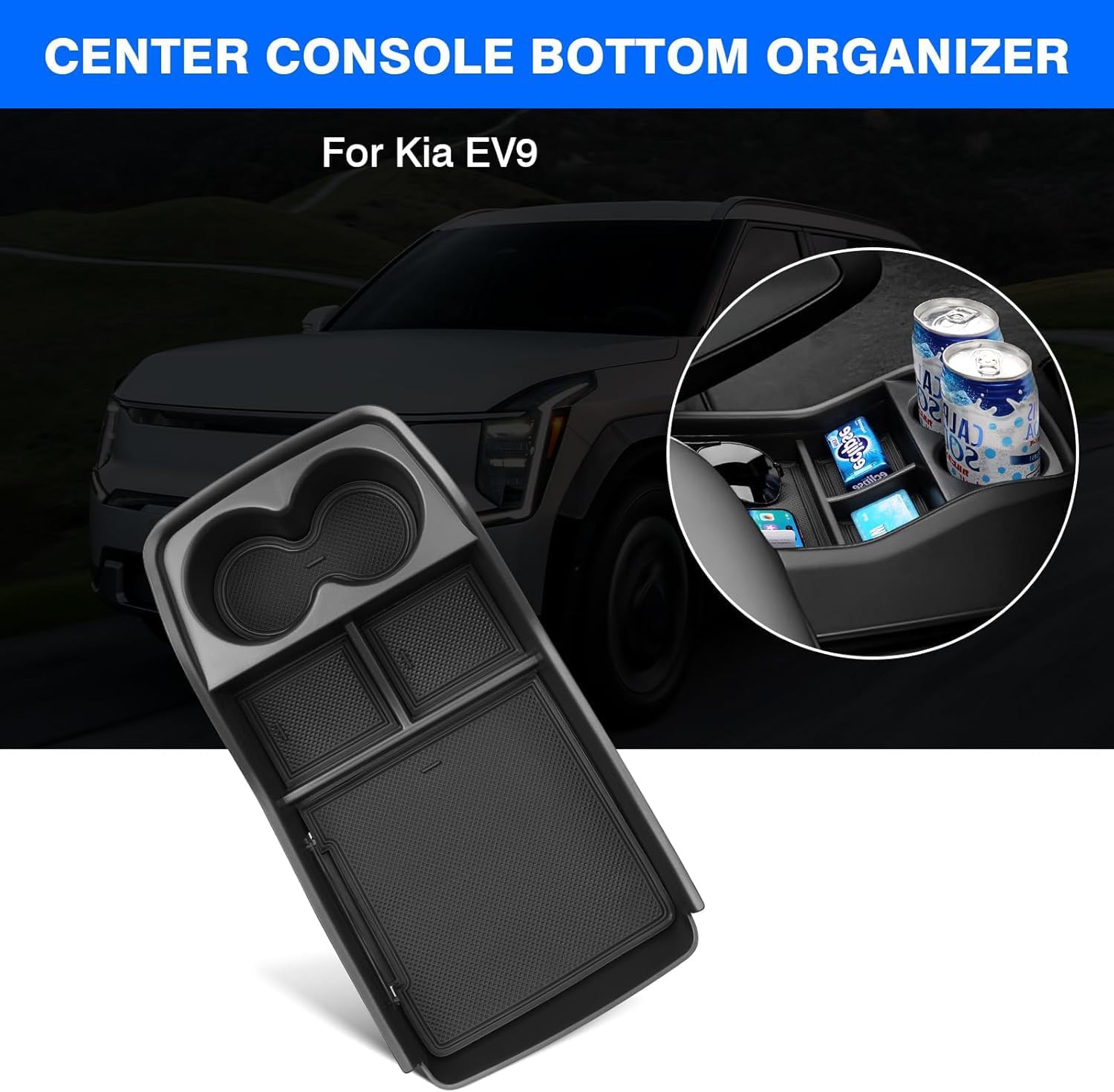 Autorder Lower Center Console Organizer for 2024-2026 Kia EV9 Accessories Bottom Center Console Insert Tray with Cup Holder Storage Box