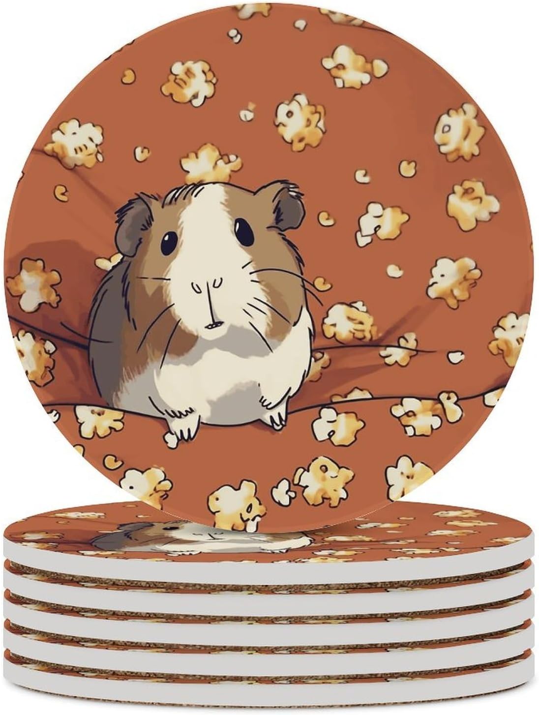 Guinea Pig and Popcorn Coaster with Cork Base Drink Coasters for Coffee Table Decor Modern Cup Coasters with Non-Slip & Heat-Resistant Cute Ceramic Table Coaster for Home Dining