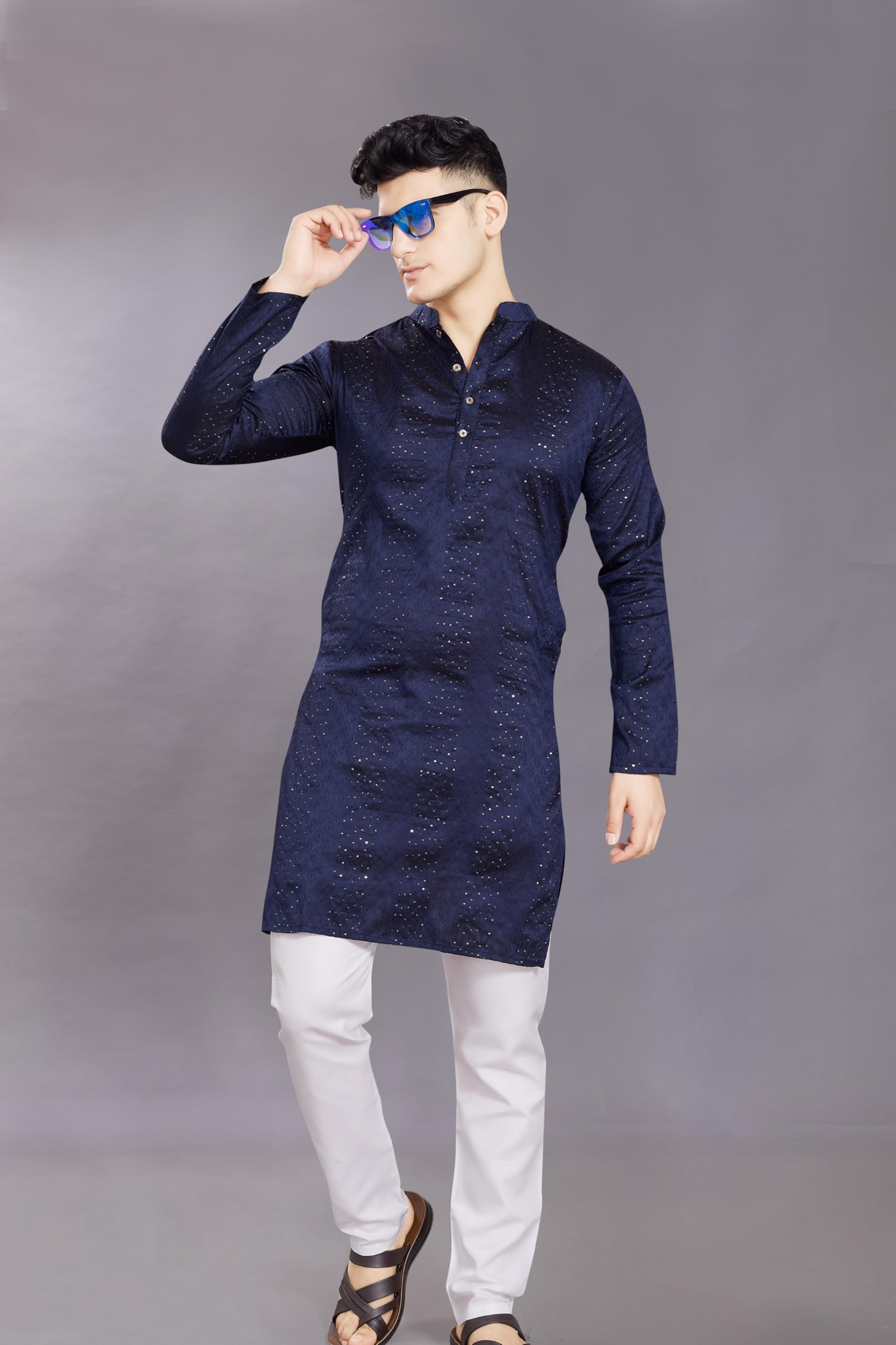 Divisive Men's Jequard Embroidered Art Silk Slim Fit Only Kurta (Dkrt422_S_Navy)