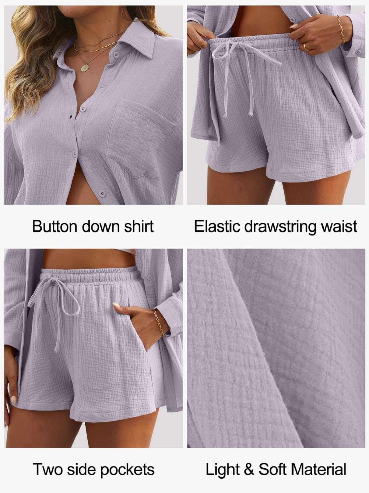 CheChury Conjunto Verano Mujer Conjunto de 2 Piezas Algodón Lino Chándal de 2 Piezas Verano Mujer Casual Camisa Manga Larga y Pantalón Corto con Bolsillo Cómodo Moda Color Sólido para Vacaciones Playa - 5