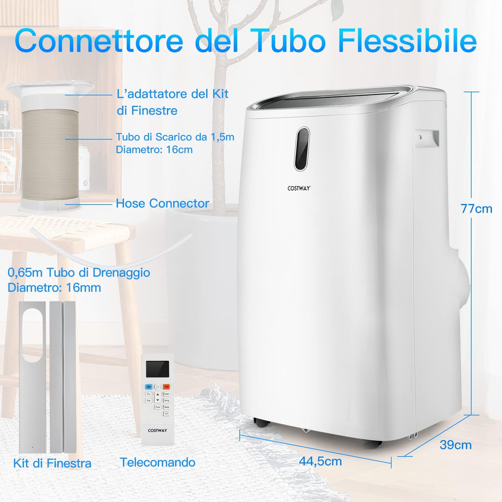 COSTWAY Condizionatore Portatile Caldo e Freddo, 14000BTU/4,1 kW, 5 in 1 Con Raffreddamento, Riscaldamento, Ventola, Deumidificazione e Modalità Notturna, 24H Timer, R290 (14000BTU|28m²+)