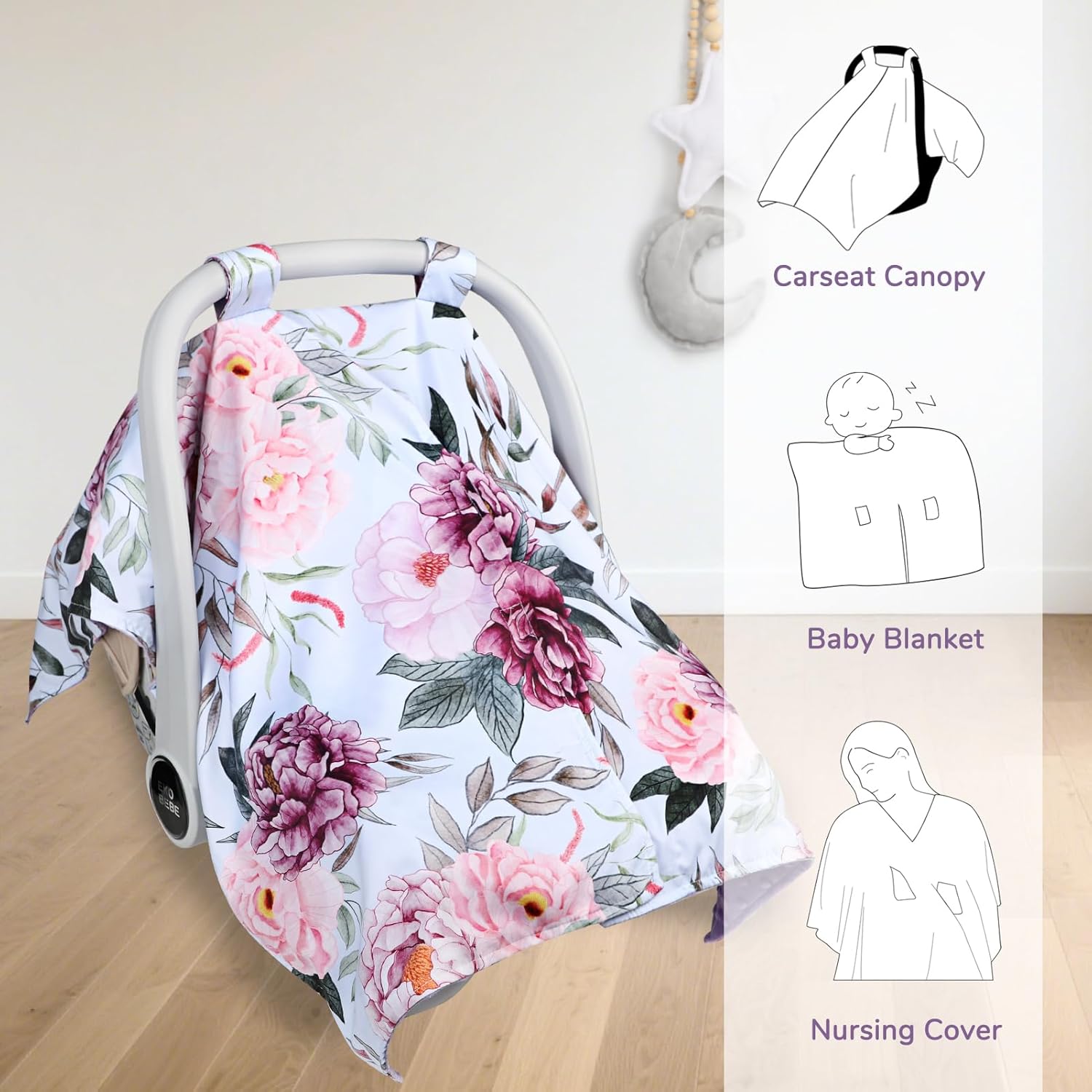 Baby Car Seat Cover, Peekaboo Opening Car Seat Canopy for Baby Girls Boys, Mom Nursing Breastfeeding Covers, Blanket for Infant, Pink Purple - Image 6