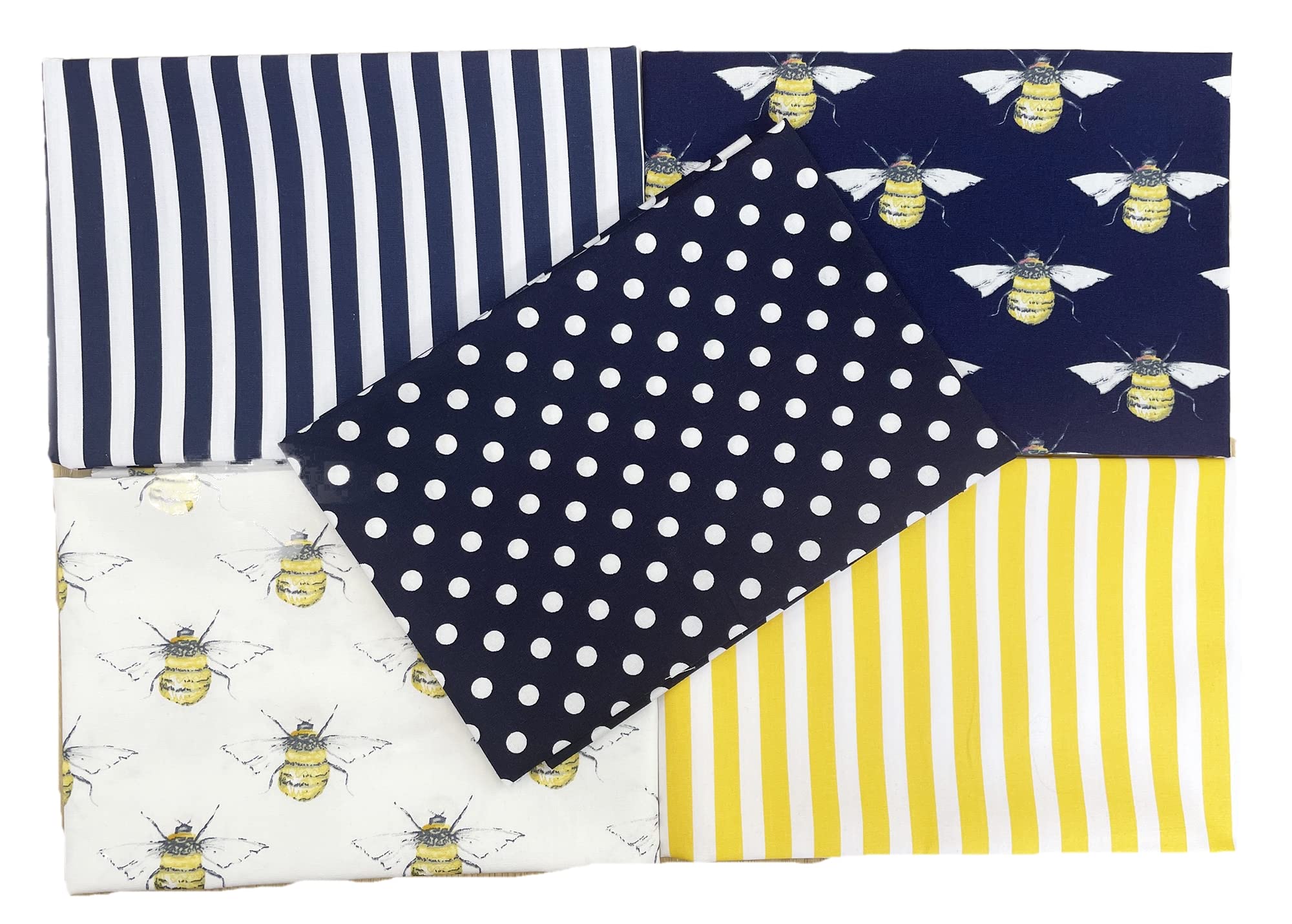 Fat Quarter Bundle - Navy Blue & Yellow Bumble Bee Fabric Mix - Bunting Craft Fabric Material