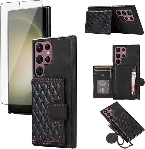 Asuwish Funda de teléfono para Samsung Galaxy S22 Ultra 5G Funda tipo cartera con protector de pantalla de vidrio templado y correa cruzada, cordón
