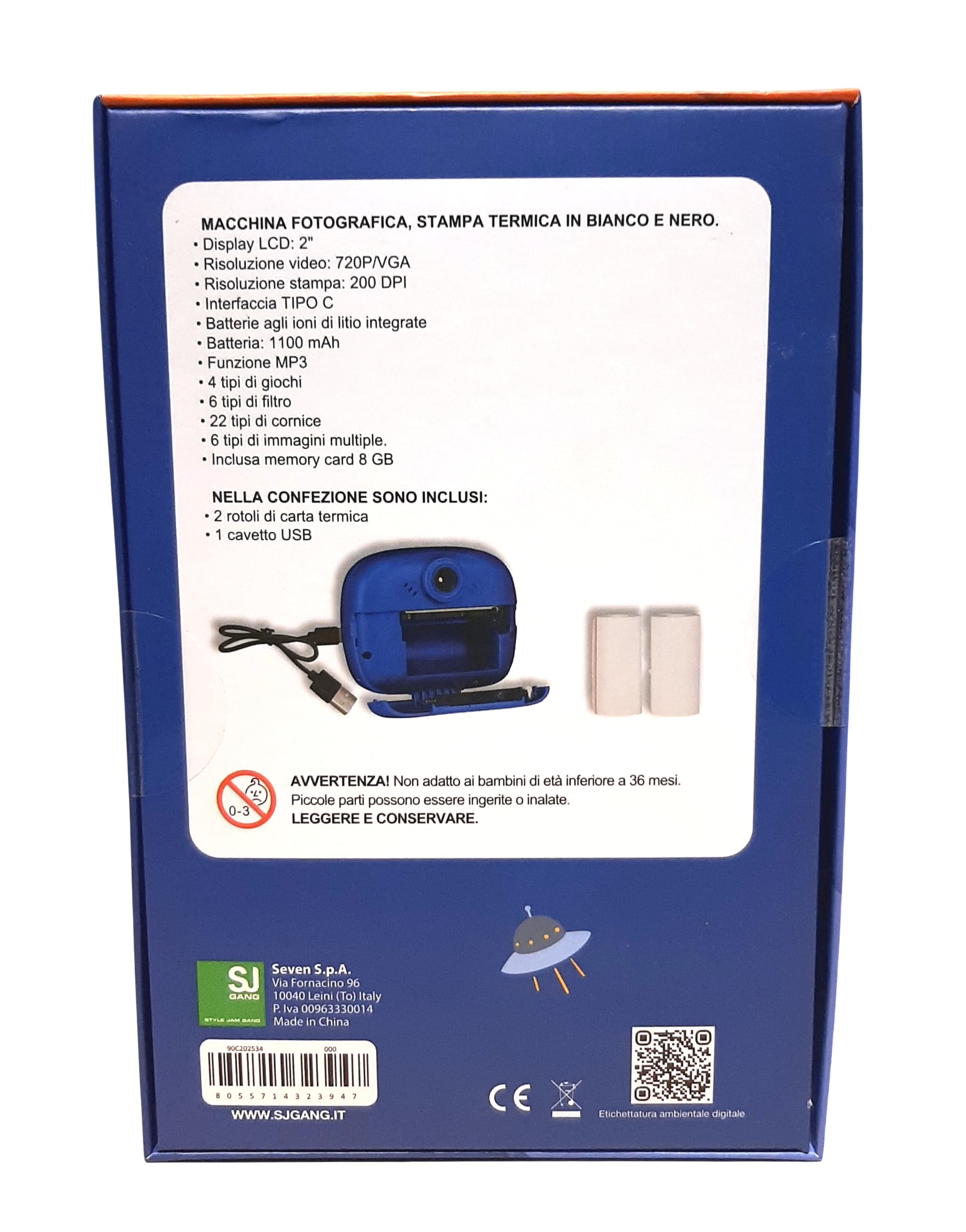 Set Macchina Fotografica Istantanea Leone blu per Bambini con Stampa Termica Seven SJ Gang, Display LCD 2”, Foto e Video 720P, Giochi e Filtri + Monocolo HD con Torcia LED Integrata
