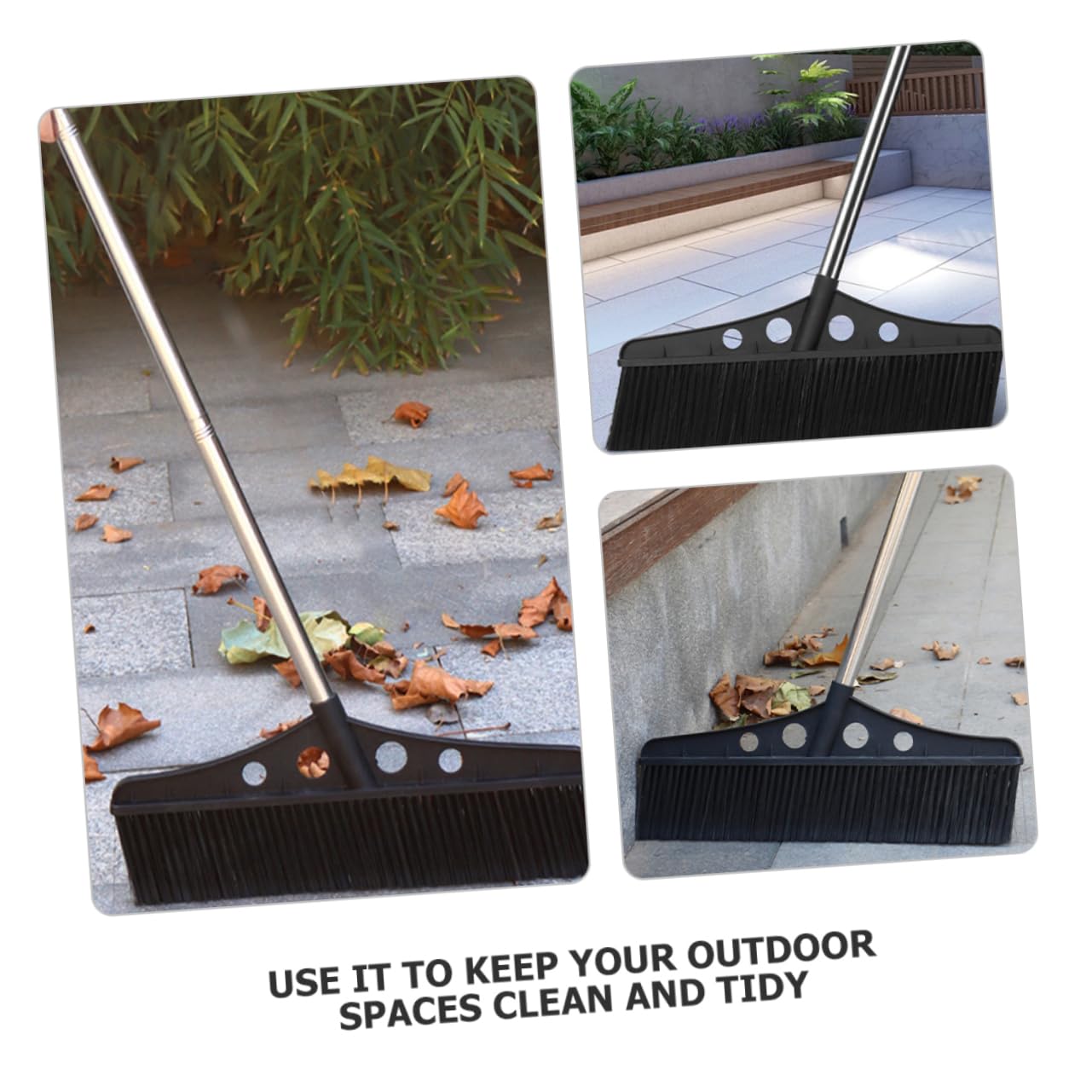 Escoba Negra de Exterior con Mango Ergonómico y Cepillo de Acero Inoxidable para Limpieza en Porches y Almacenes, Escoba Resistente con Agarre Cómodo y Diseño Desmontable