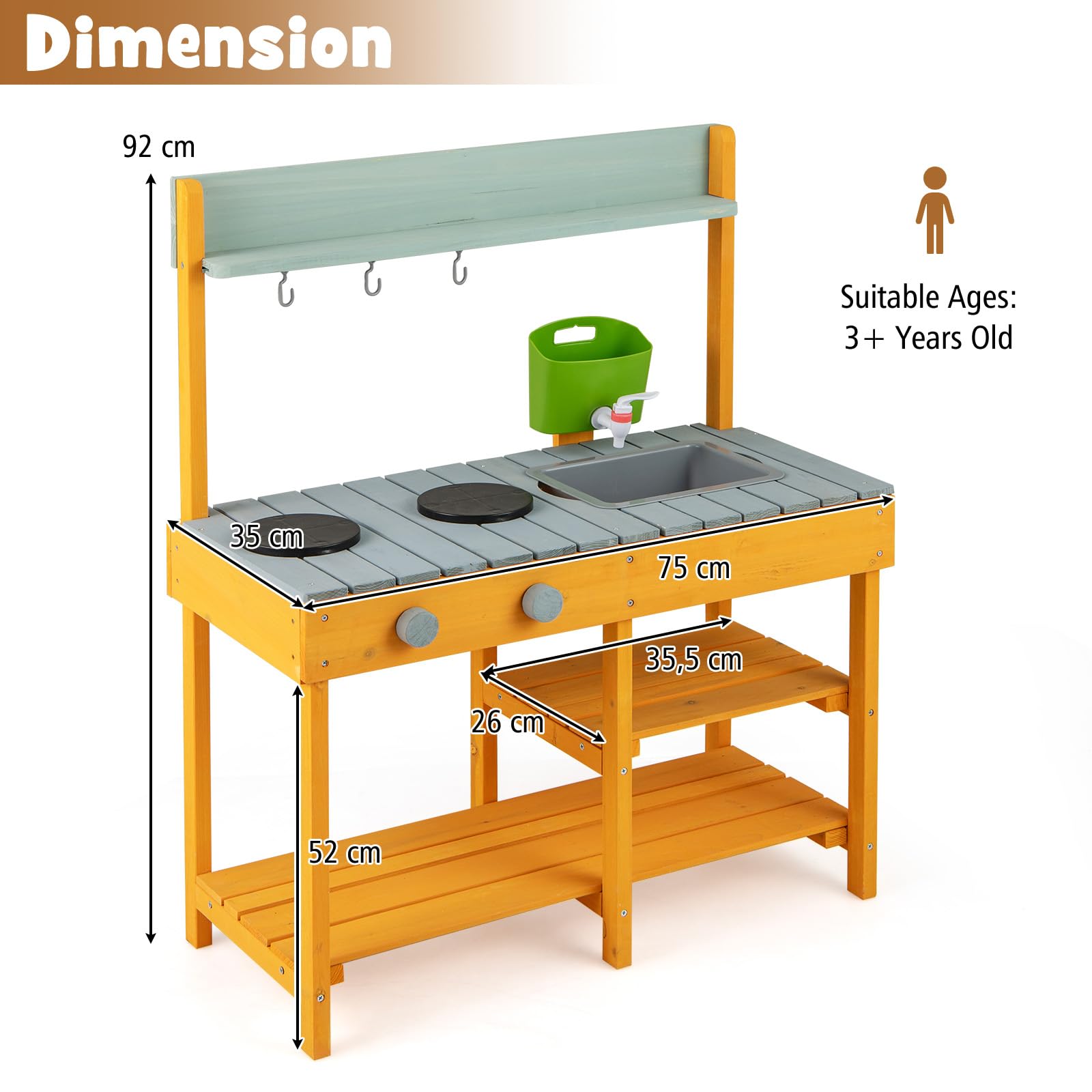 HOMASIS Matschküche Kinder Outdoor, Kinderküche mit Spüle Herd, Spielküche aus Holz, Spielzeugküche mit 3 Haken & Regalen, Holzküche Gartenküche für Kinder ab 3 Jahren (Orange, mit Wasserspender)