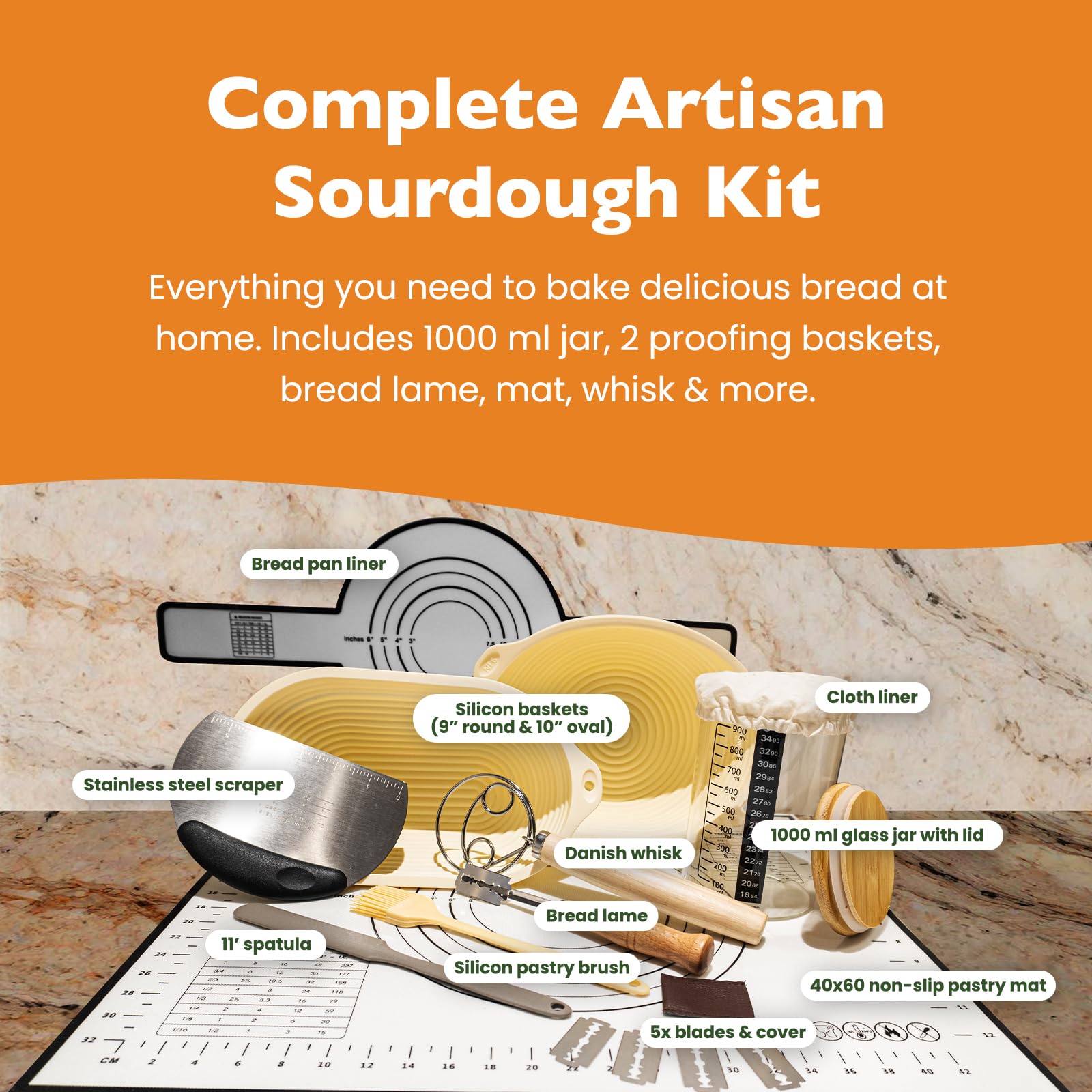 Kit de arranque de levadura de 25,4 cm - Oval y redondo de silicona - Bote de arranque de 963,9 g - Batidor danés - Alfombrilla para hornear, honda y kit de fermentación
