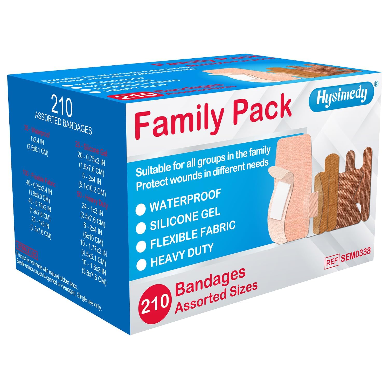 Hysimedy Paquete de 210 vendas adhesivas de tela flexible, resistentes e impermeables, de silicona, en varios tamaños, vendas para nudillos para pieles sensibles